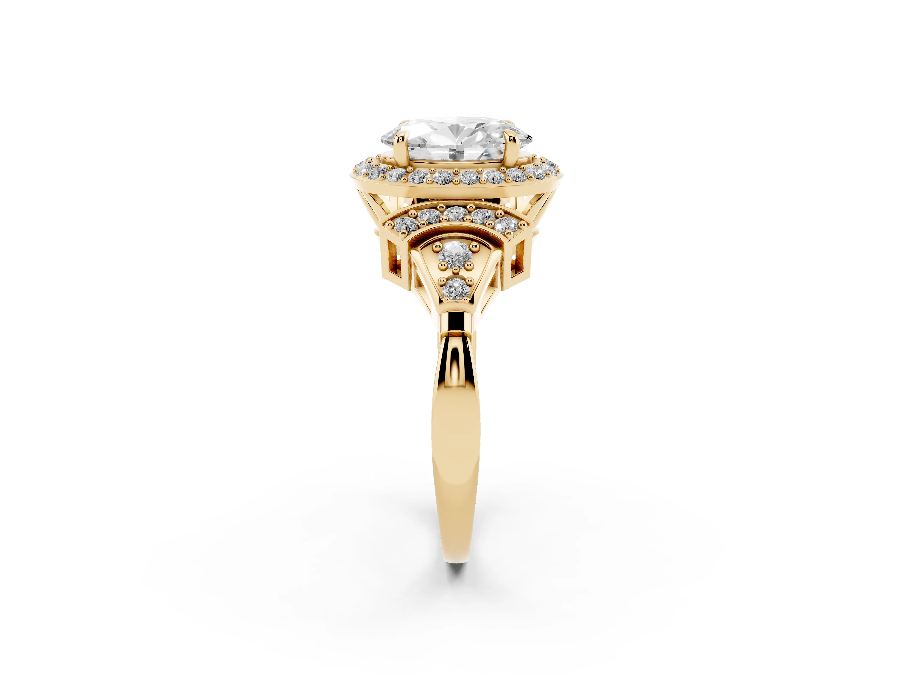 Oval Cut Diamond Halo Engagement Ring Set in Yellow gold with Accent Stone Split Shank