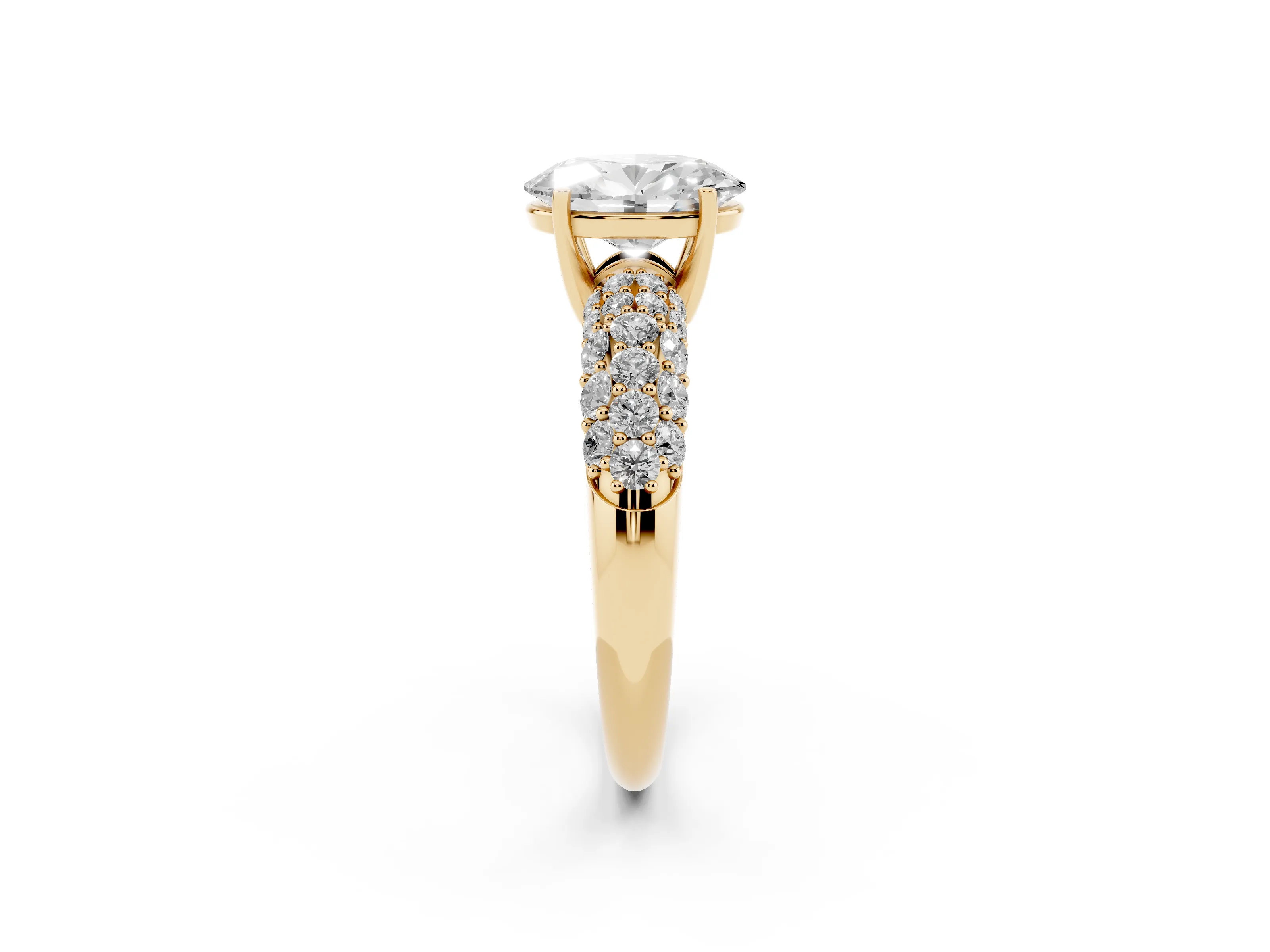 Oval Cut Diamond Pavé Band Solitaire Ring Set in Yellow gold with Close-Set Accent Stones and Prong Setting