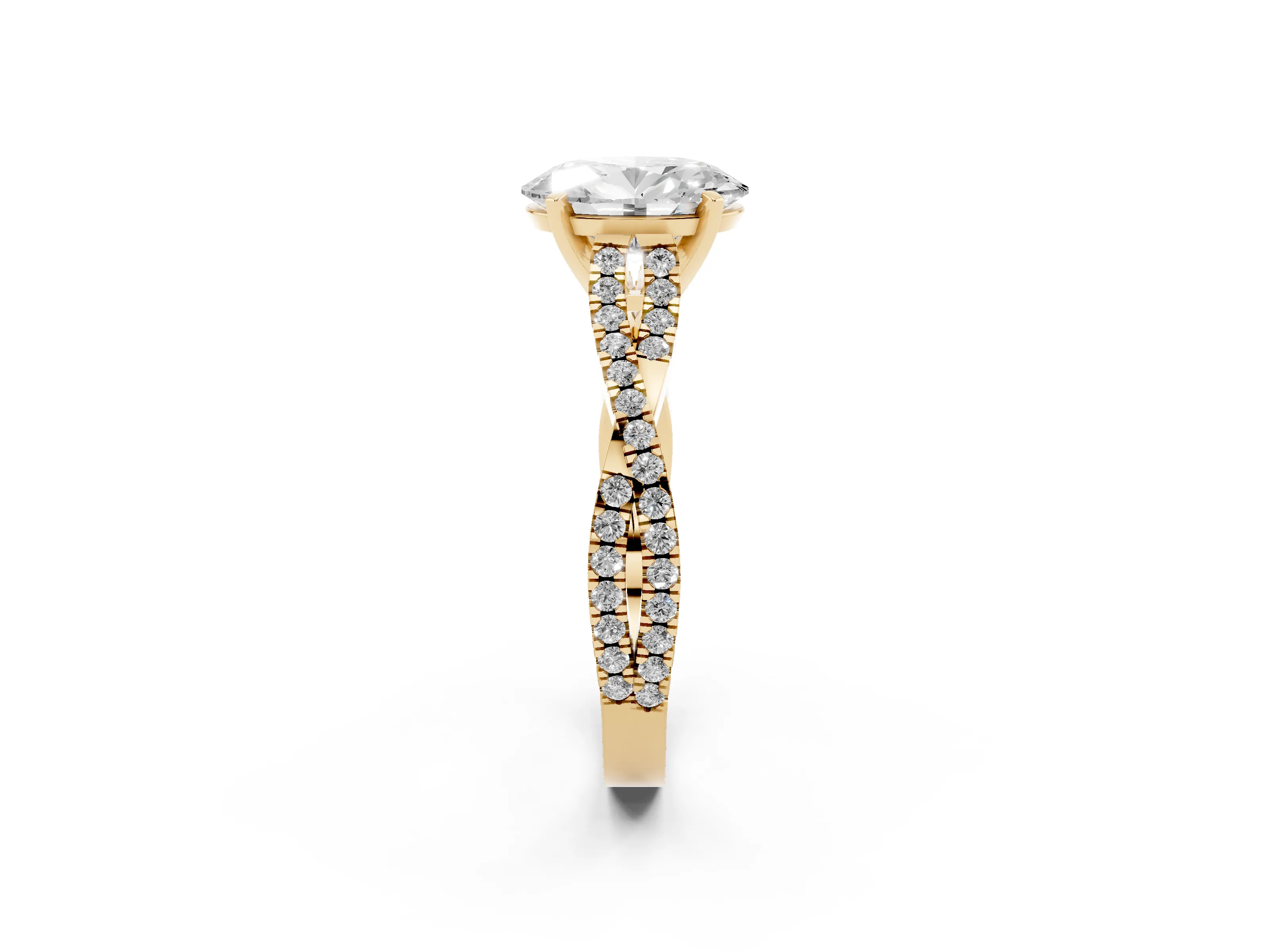 Oval Cut Diamond Solitaire Engagement Ring Set in Yellow gold with Twisted Pavé Band and Prong Setting