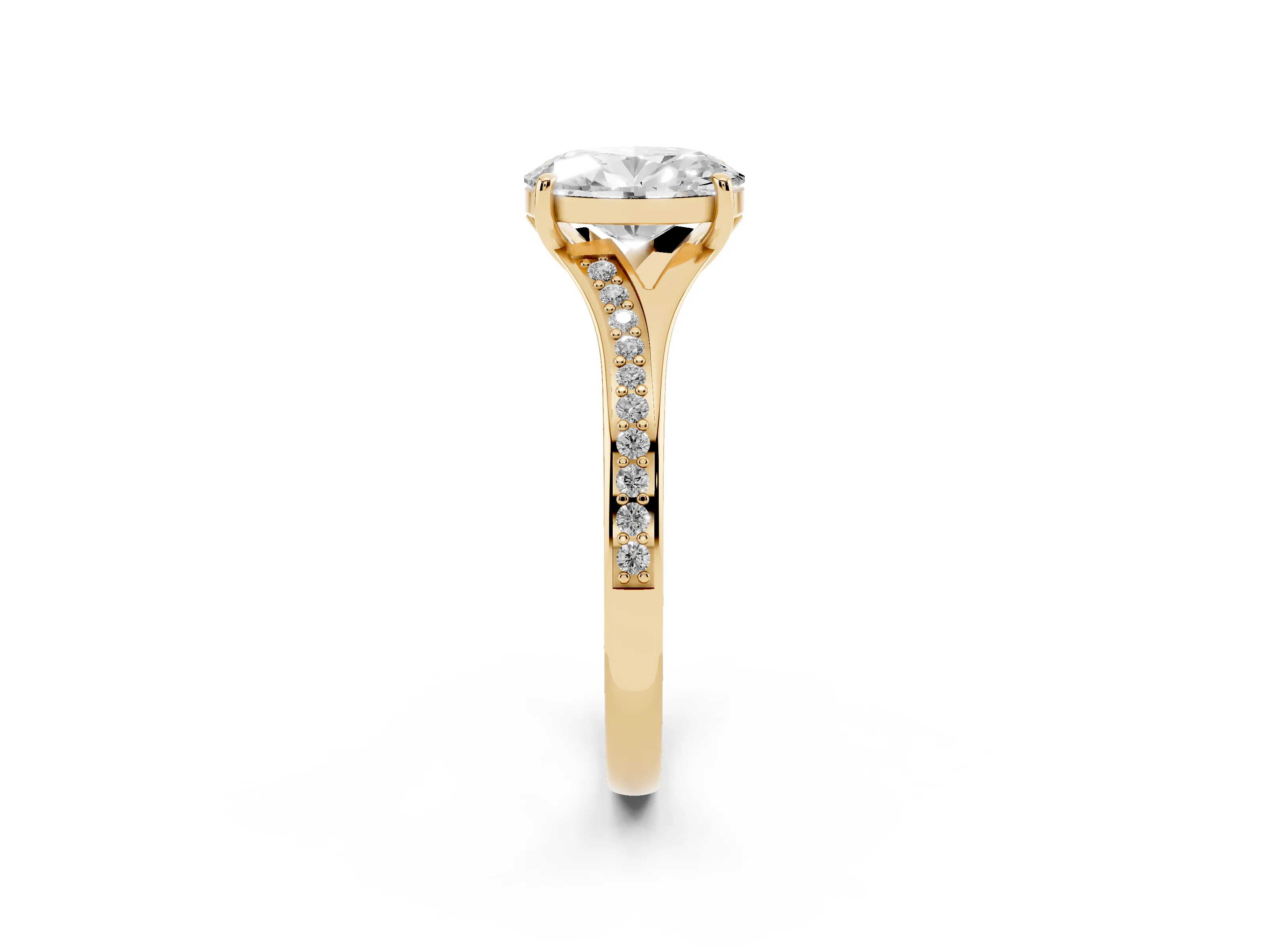 Oval Cut Diamond Solitaire Ring Set in Yellow gold with Pavé Accent Band and Classic Prong Setting