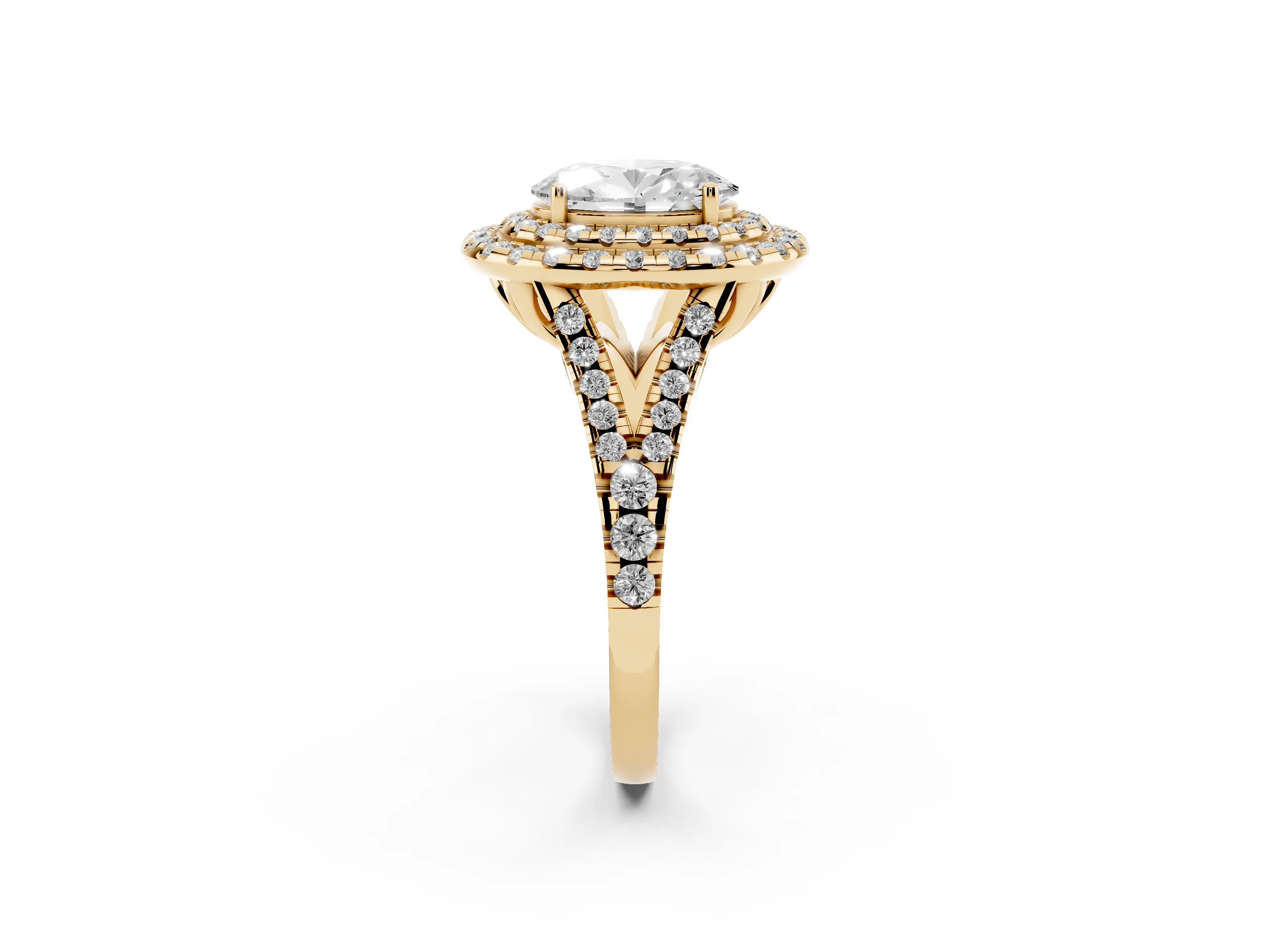Oval Cut Diamond Double Halo Ring Set in Yellow gold with Pavé Split Shank and Prong Setting