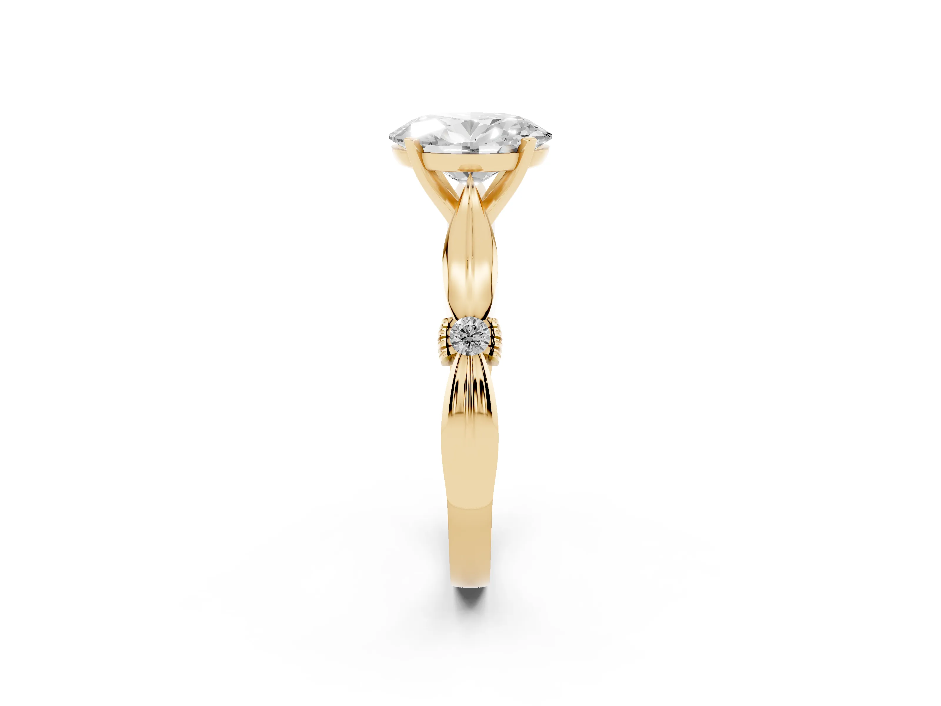 Oval Cut Diamond Solitaire Twisted Band Ring Set in Yellow gold with Accent Stones and Prong Setting