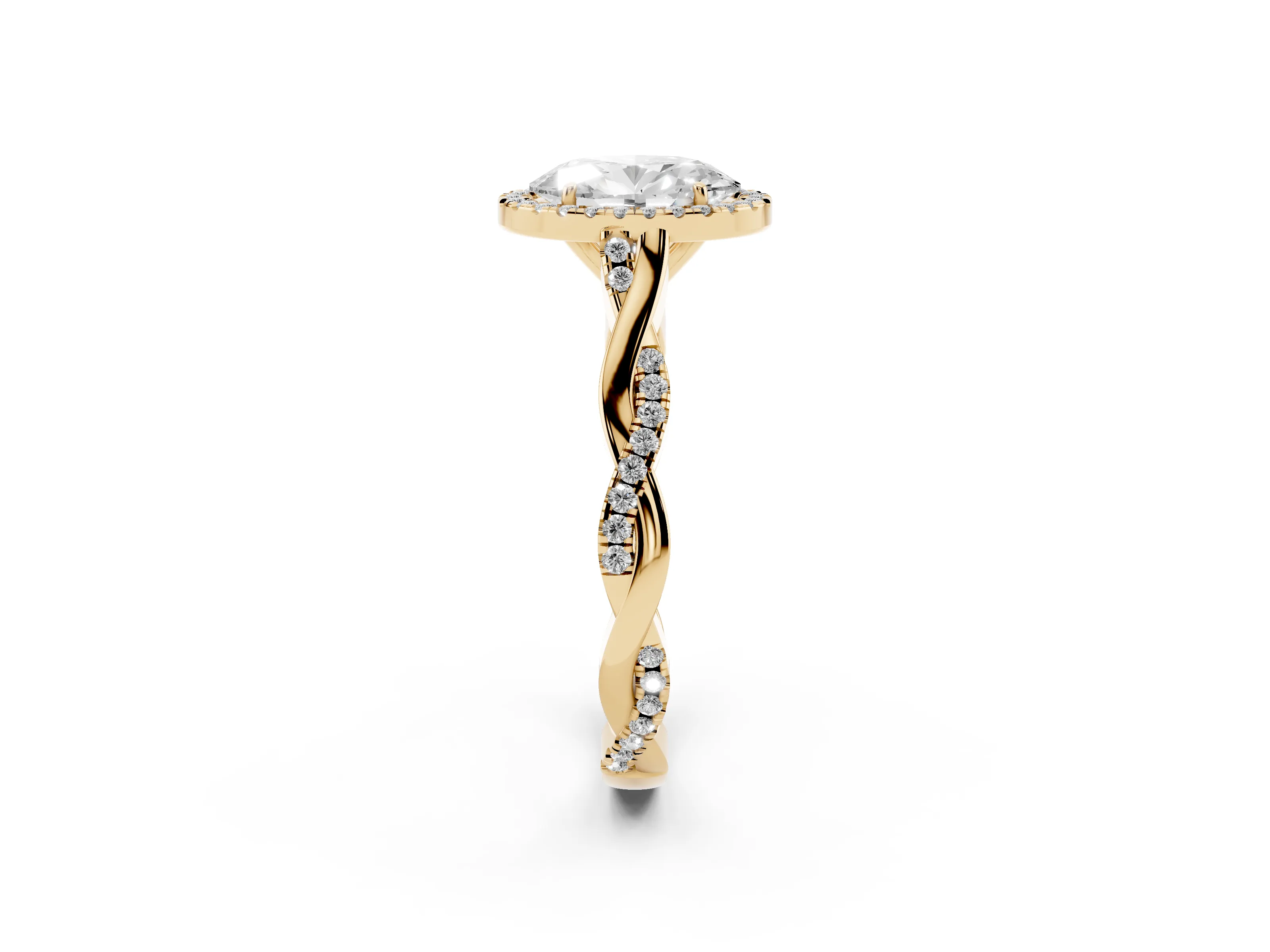 Oval Cut Diamond Halo Twist Band Solitaire Ring Set in Yellow gold with Prong Setting
