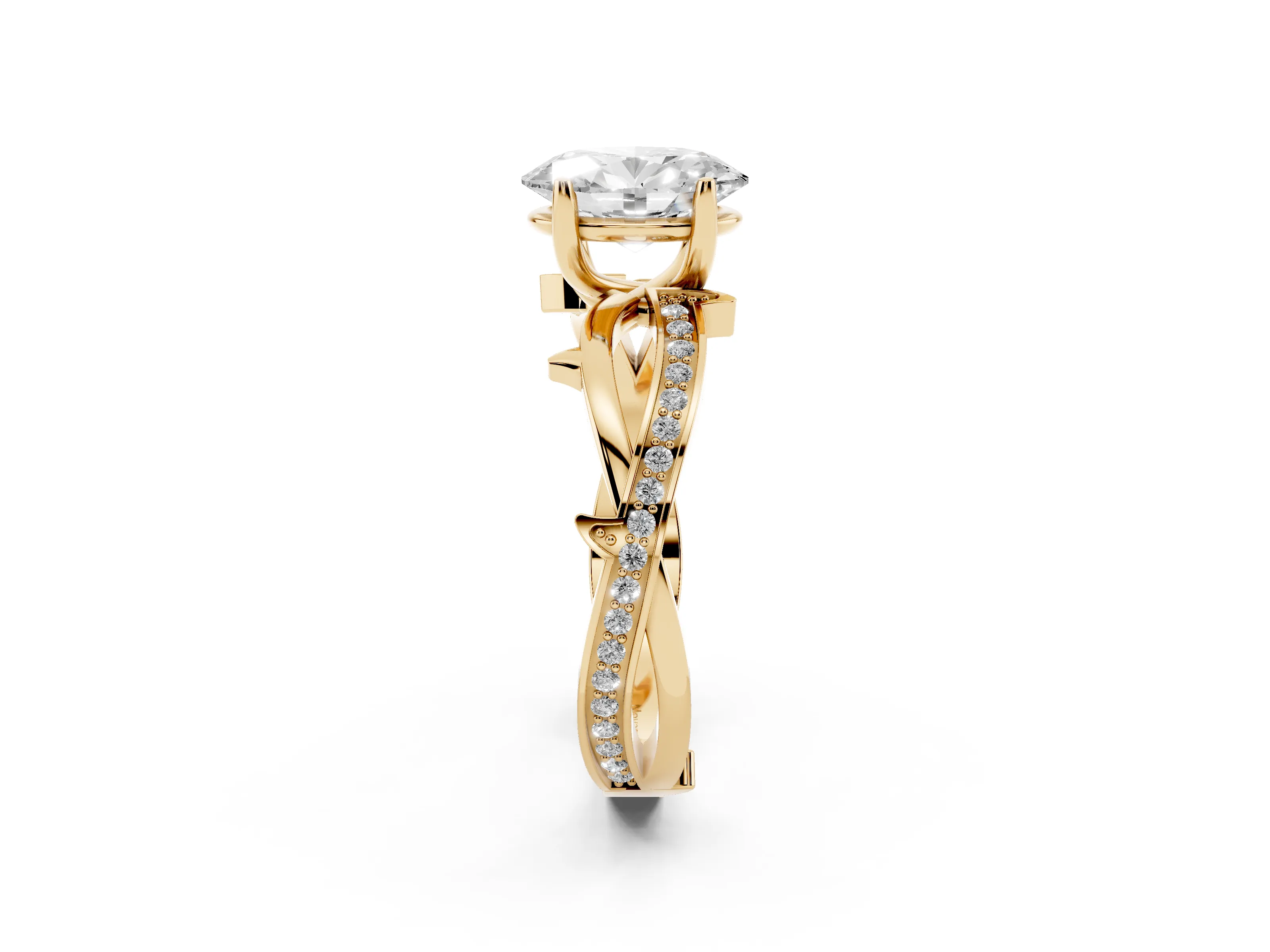 Oval Cut Diamond Pavé Twist Band Solitaire Ring Set in Yellow gold with Prong Setting