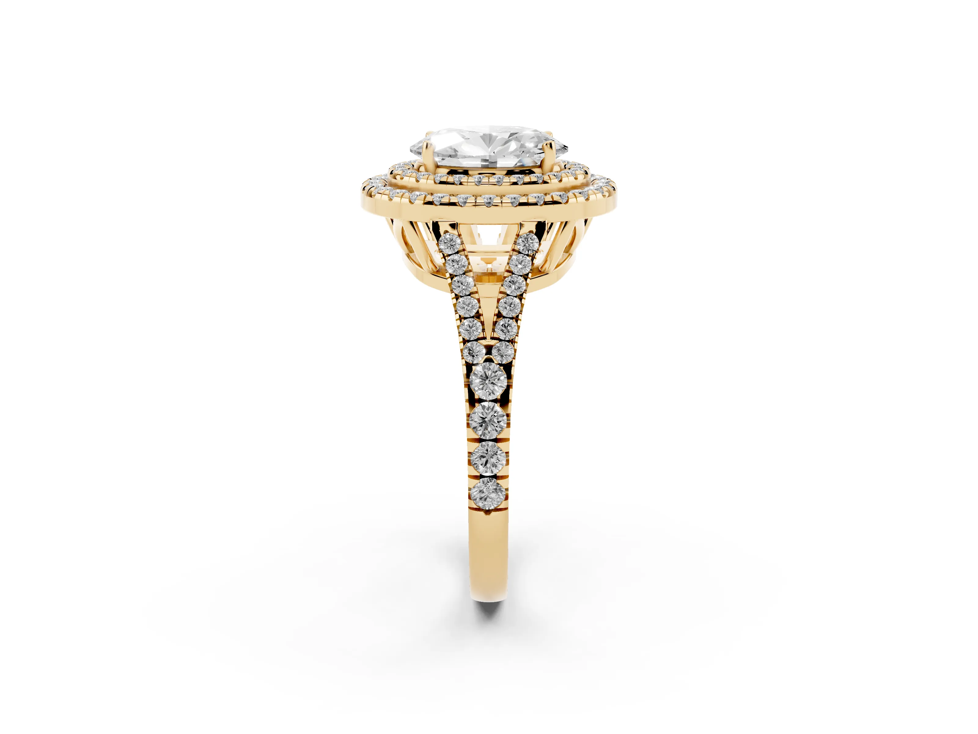 Oval Cut Diamond Double Halo Ring Set in Yellow gold with Pavé Band