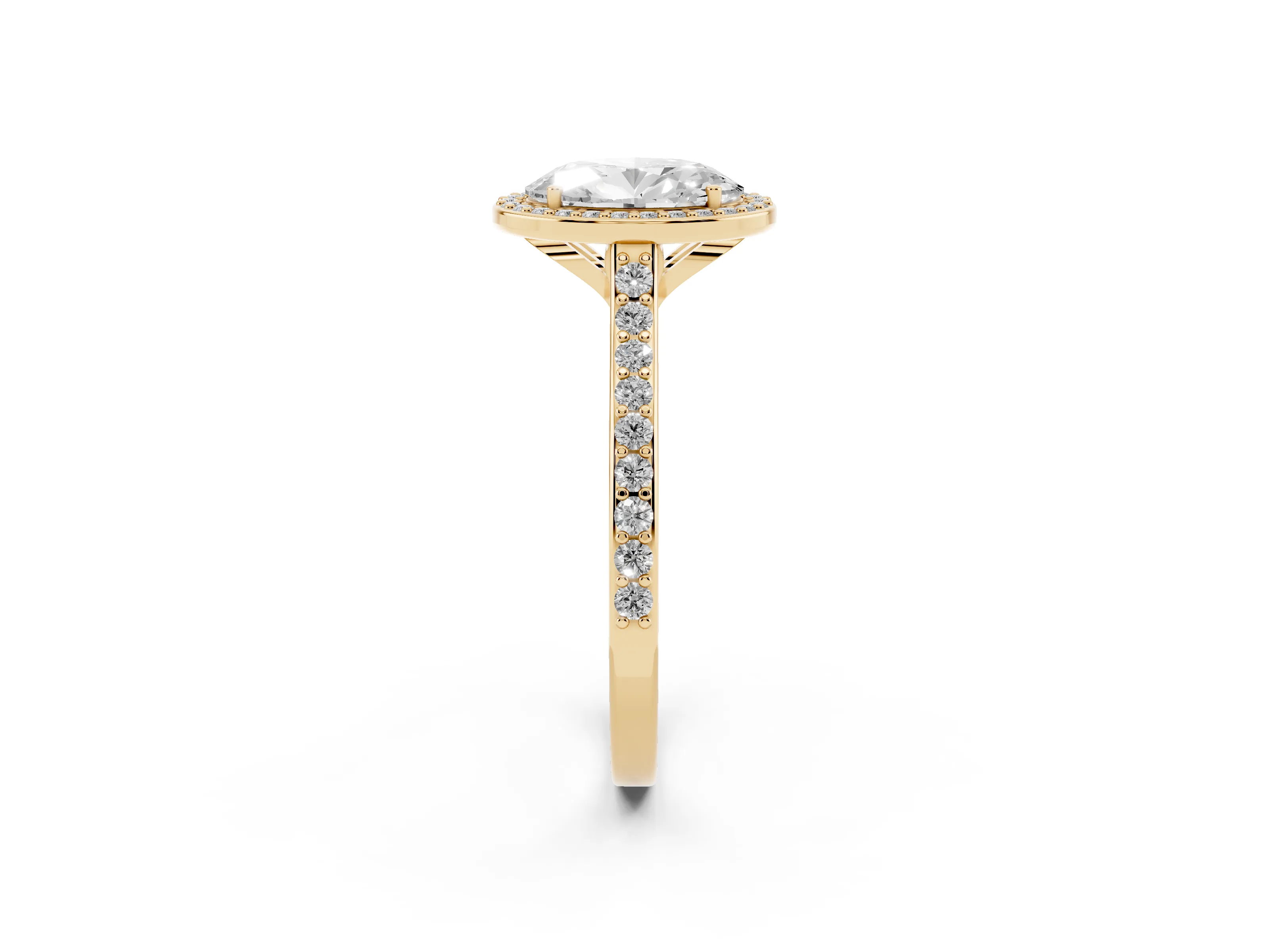 Oval Cut Diamond Halo Engagement Ring Set in Yellow gold with Round Pavé Shoulders and Heart Gallery