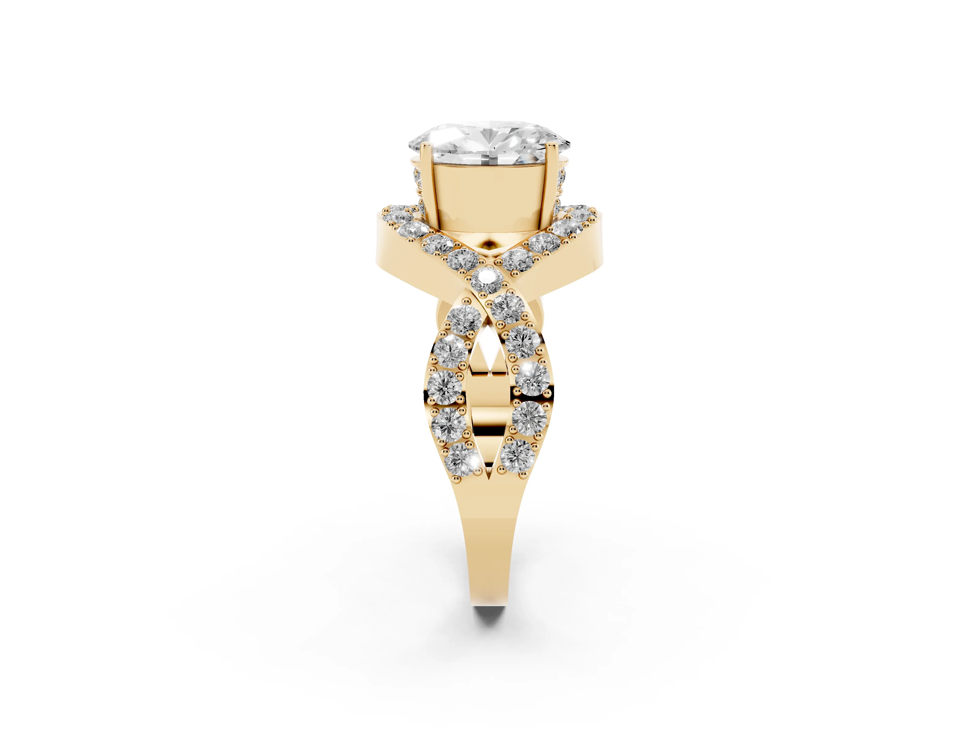 Oval Cut Diamond Solitaire Twist Band Pavé Engagement Ring Set in Yellow gold