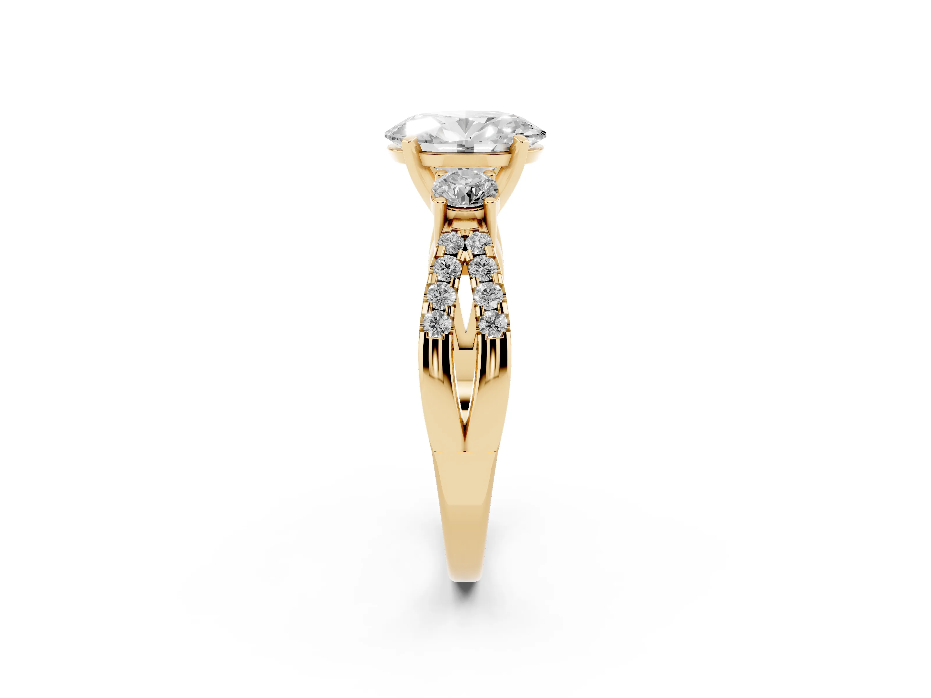 Oval Cut Diamond Three-Stone Ring Set in Yellow gold with Pavé Split Shank and Prong Setting