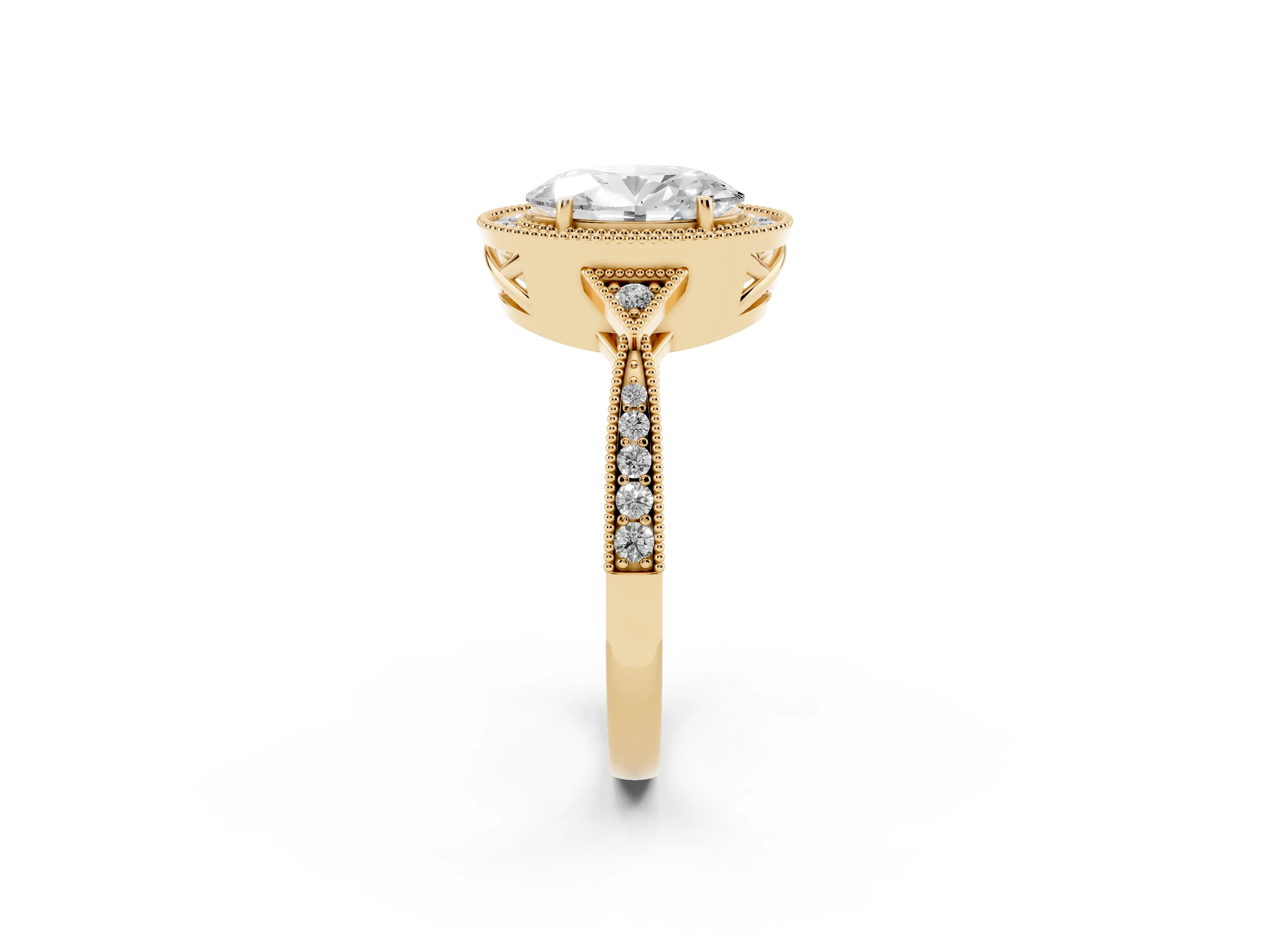 Oval Cut Diamond Halo Engagement Ring Set in Yellow gold with Milgrain Pavé Band