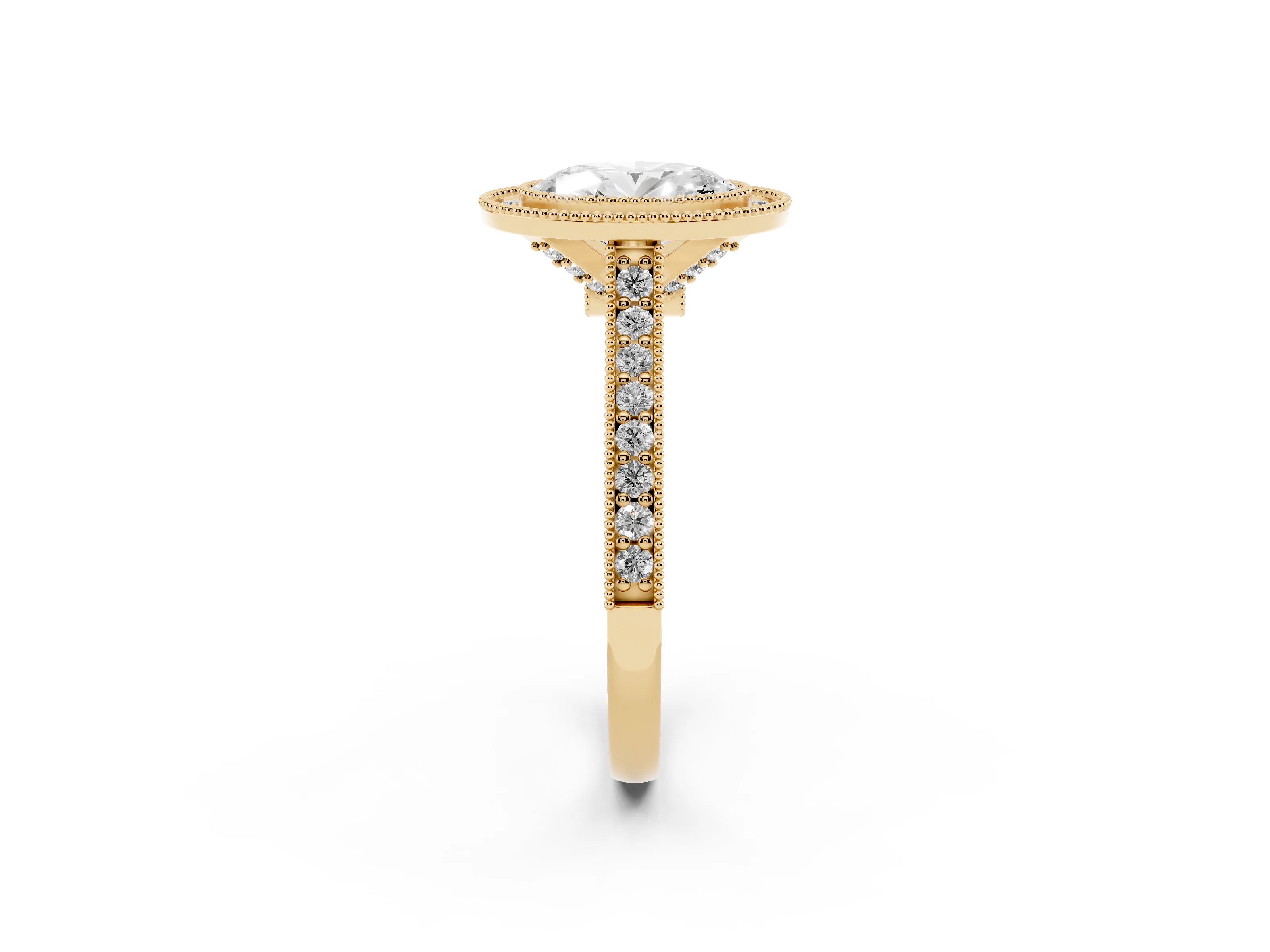 Oval Cut Diamond Halo Milgrain Pavé Band Ring Set in Yellow gold with Prong Setting