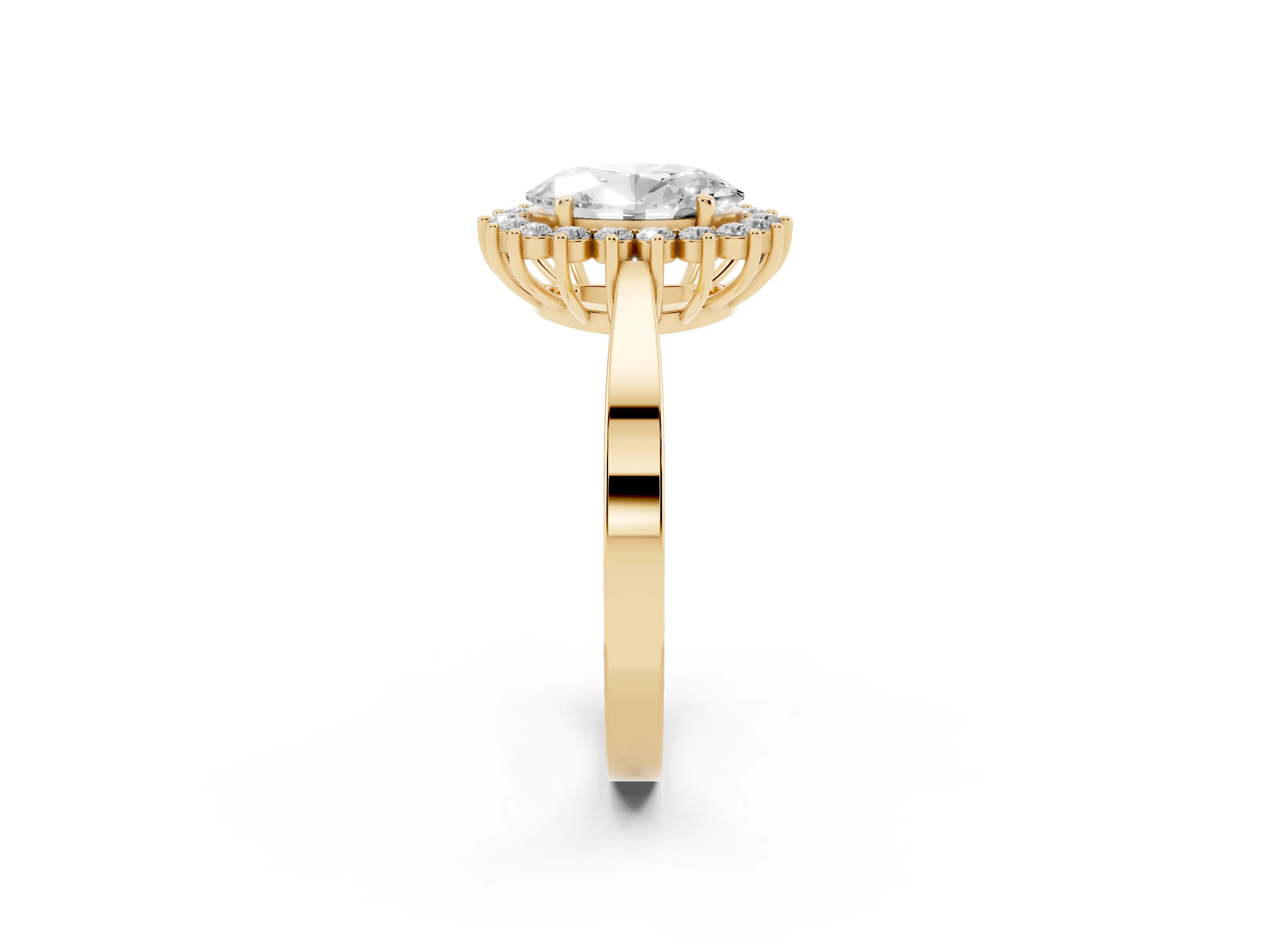 Oval Cut Diamond Halo Ring Set in Yellow gold with Round Halo and Smooth Solitaire Band
