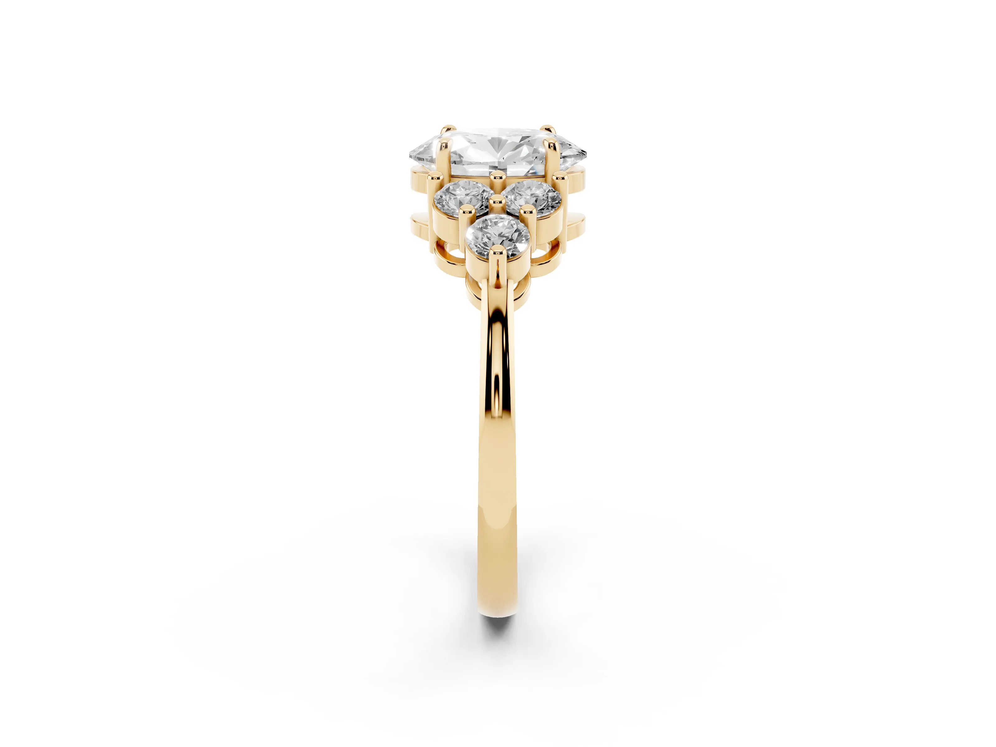 Oval Cut Diamond Solitaire Ring Set in Yellow gold with Cluster Accents on Each Side