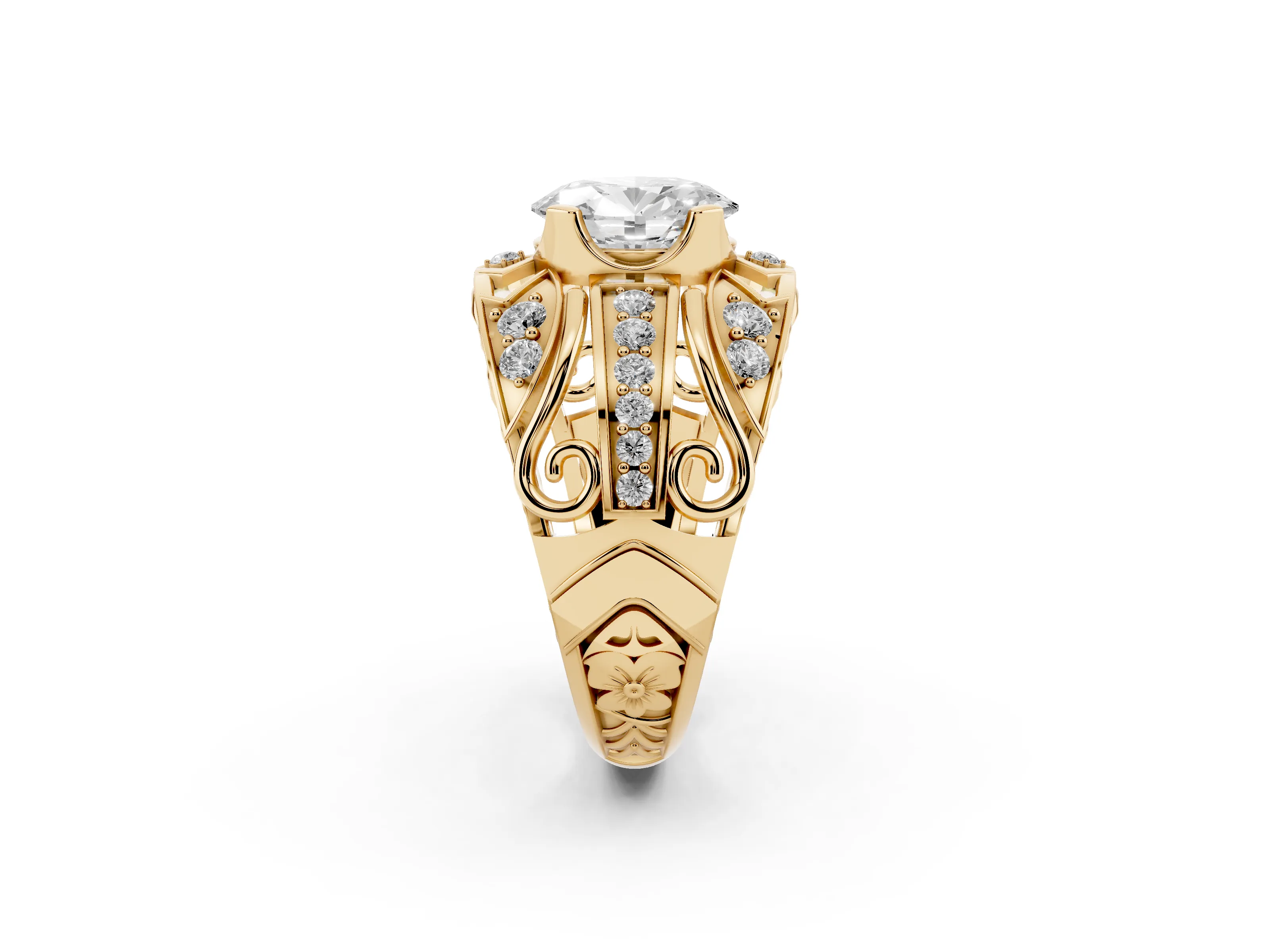 Oval Cut Diamond Art Deco Ring Set in Yellow gold with Pavé Split Shank