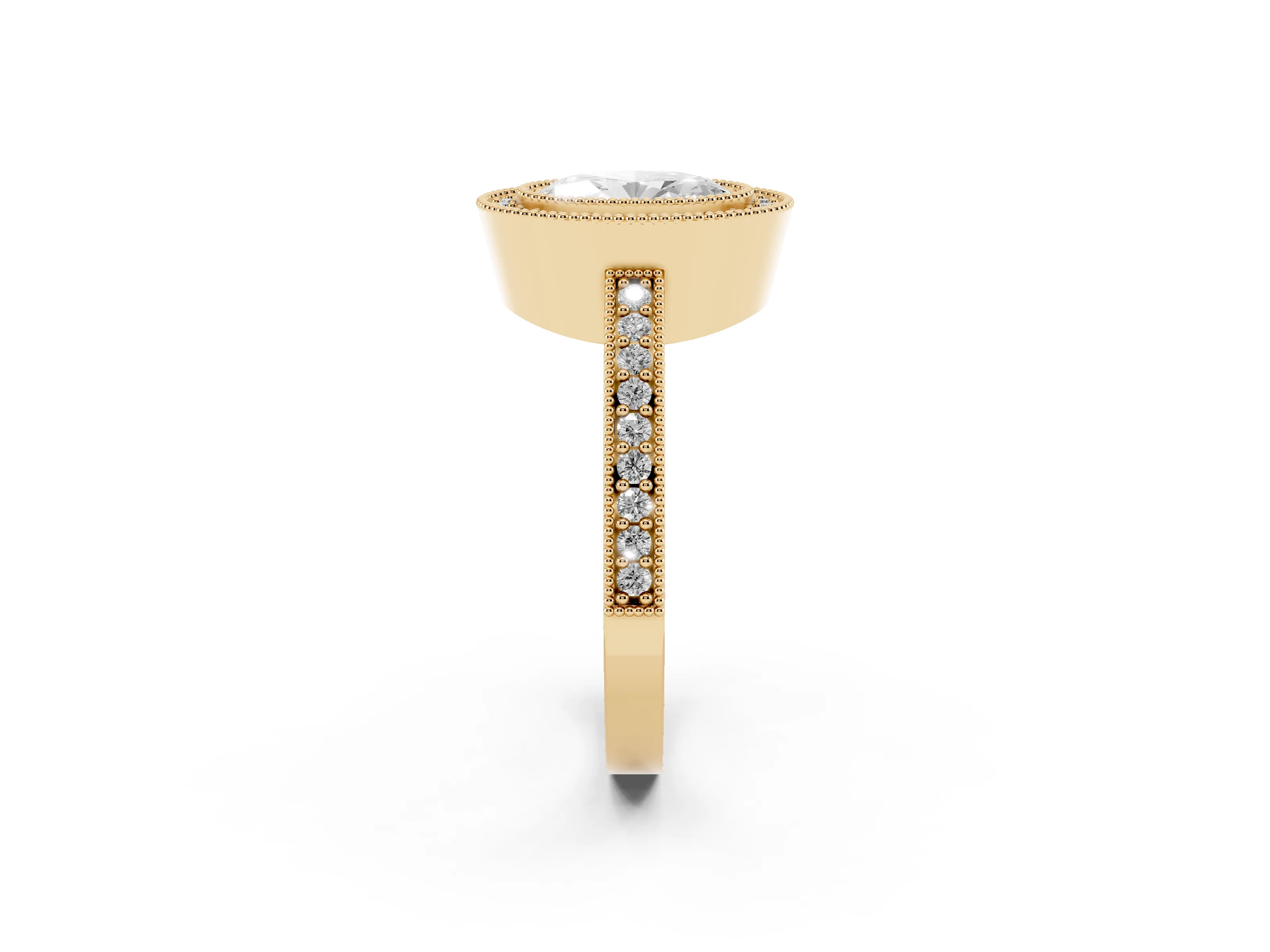 Oval Cut Diamond Halo Engagement Ring Set in Yellow gold with Pavé Band and Round Halo Stones