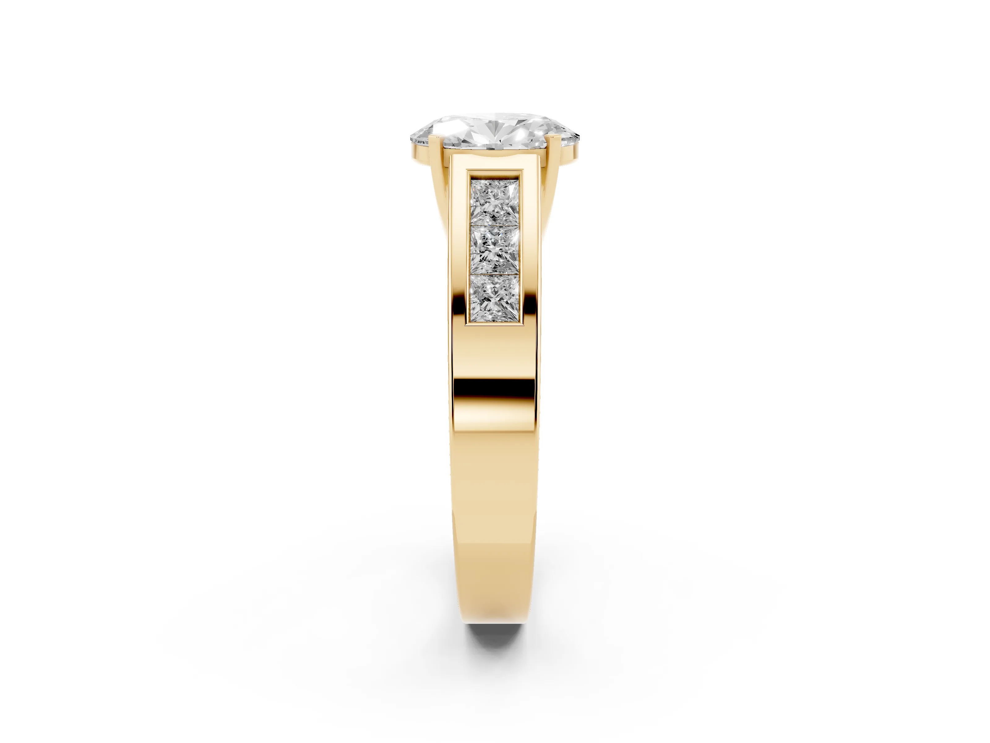 Oval Cut Diamond Solitaire Ring Set in Yellow gold with Channel-Set Accent Stones and Prong Setting