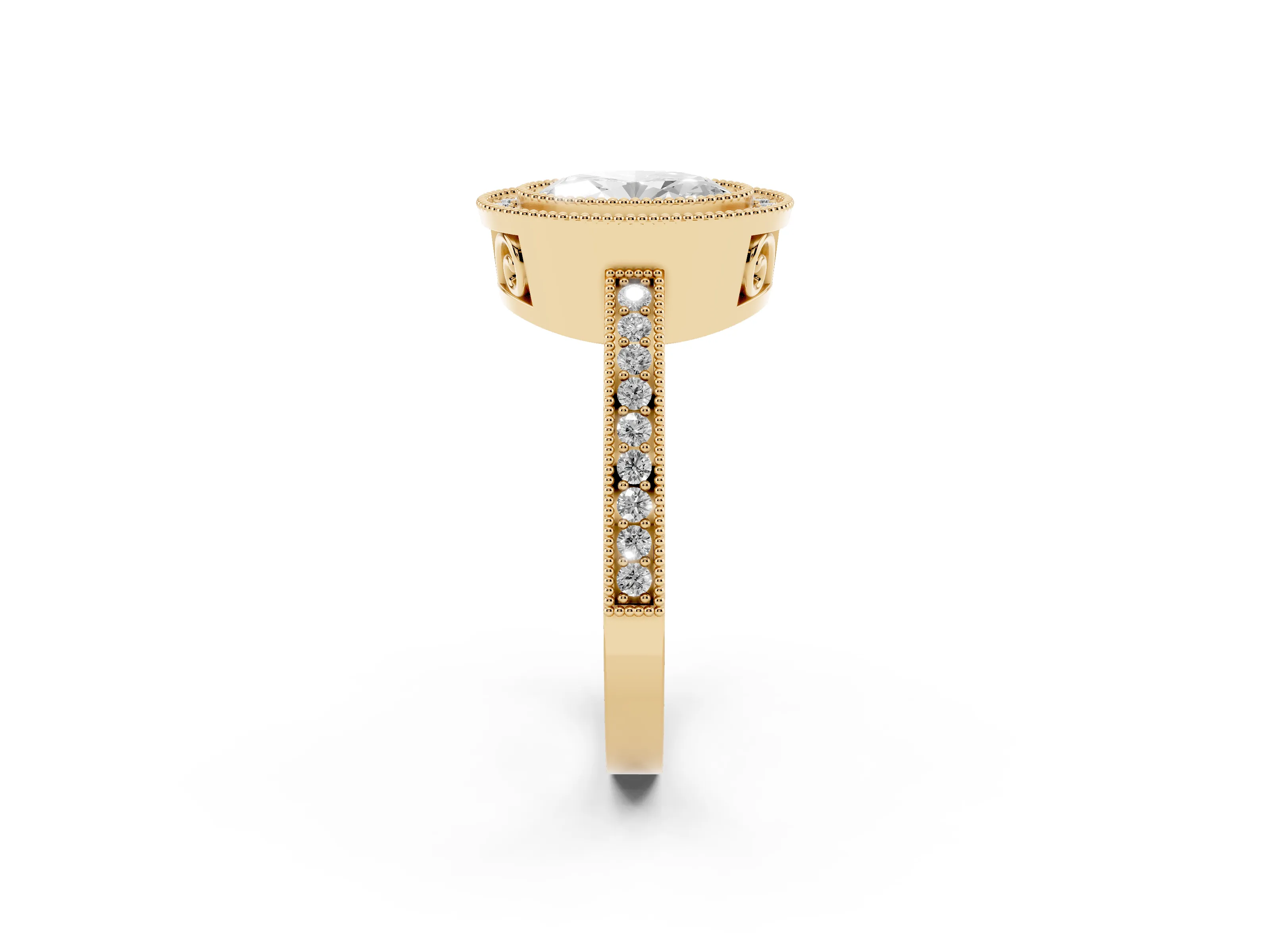Oval Cut Diamond Round Halo Ring Set in Yellow gold with Pavé Band