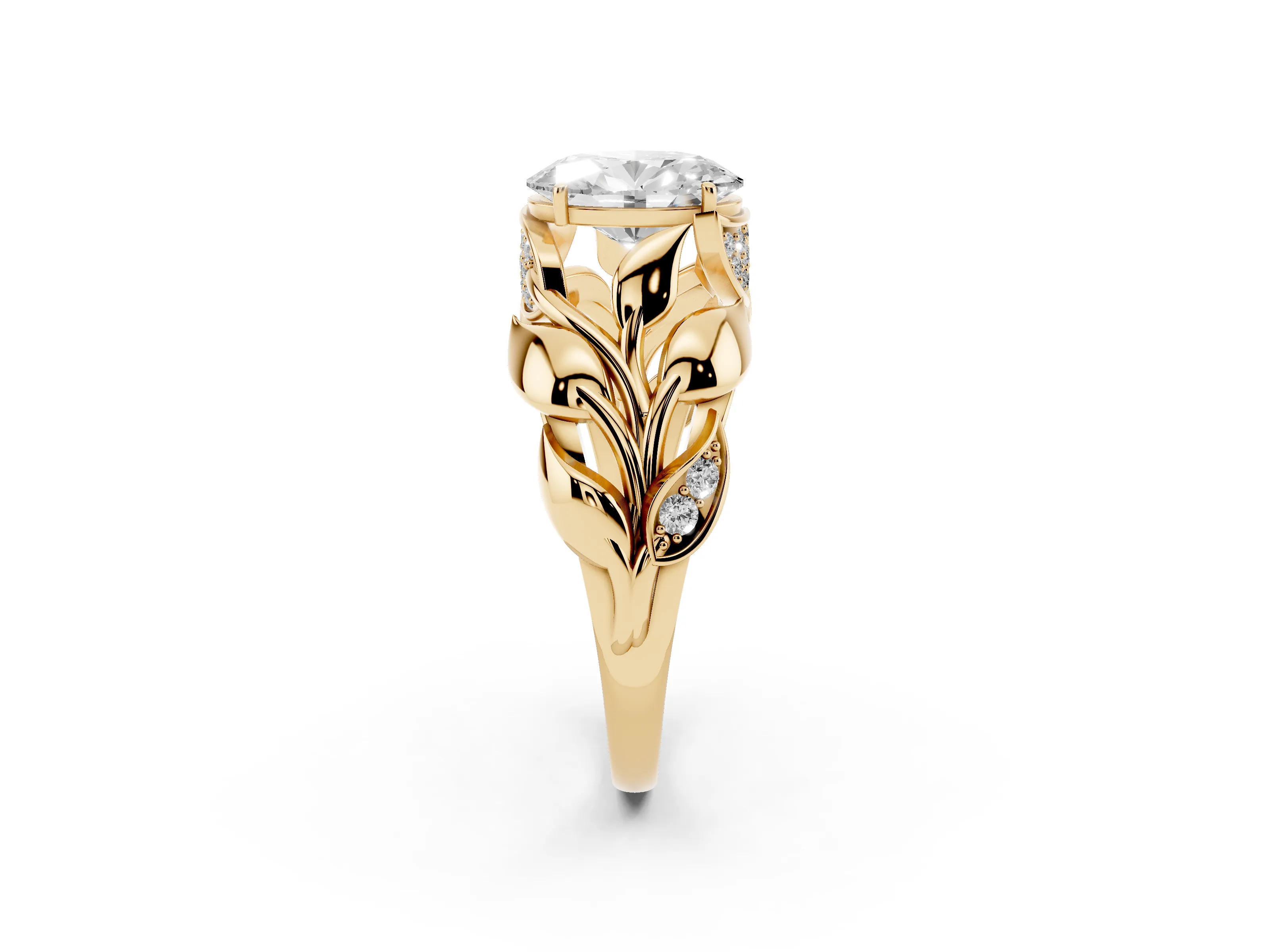 Oval Cut Diamond Leaf-Inspired Engagement Ring Set in Yellow gold with Round Accents