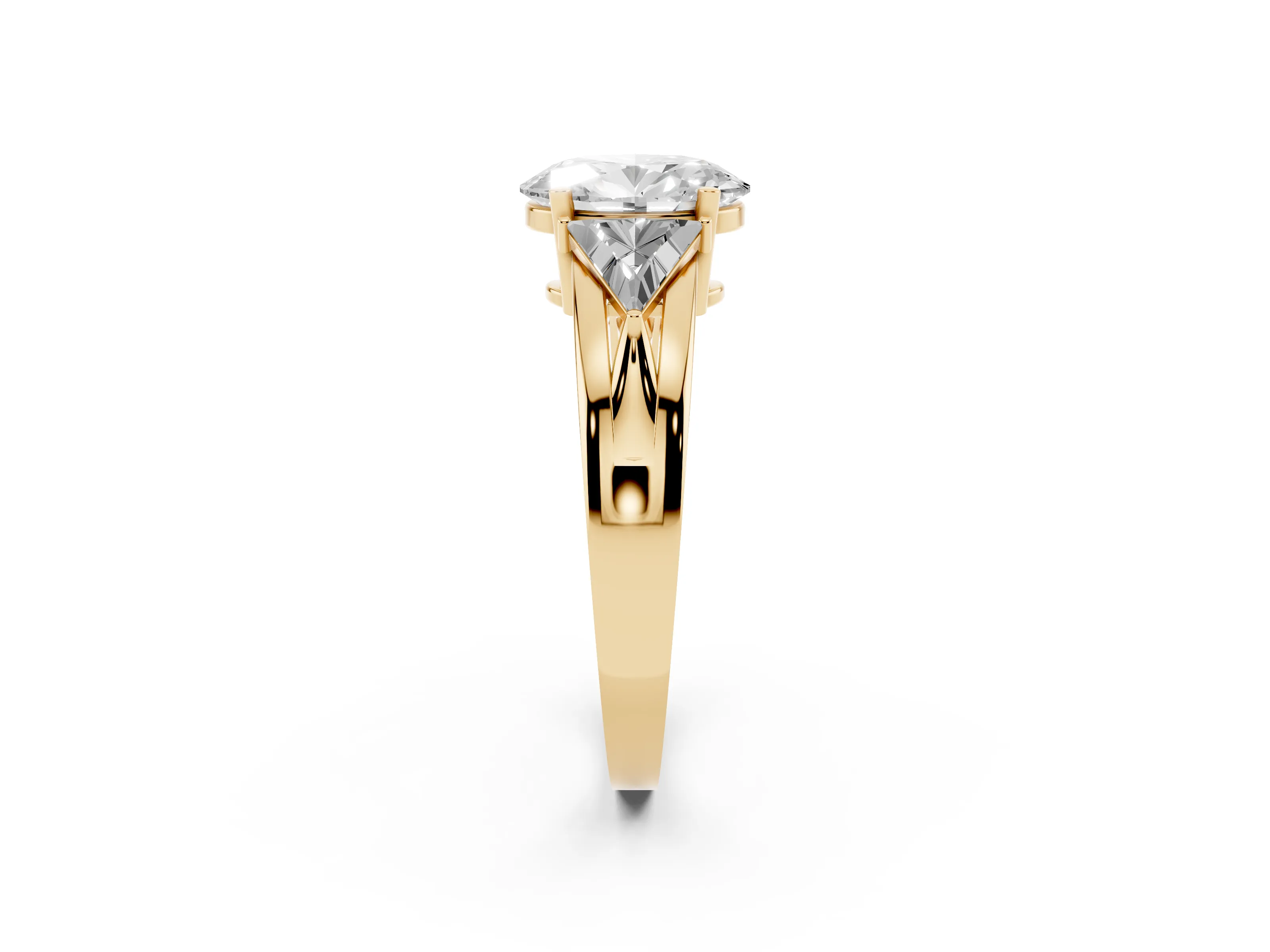 Oval Cut Diamond Three-Stone Ring Set in Yellow gold with Trillion Side Stones and Split Shank