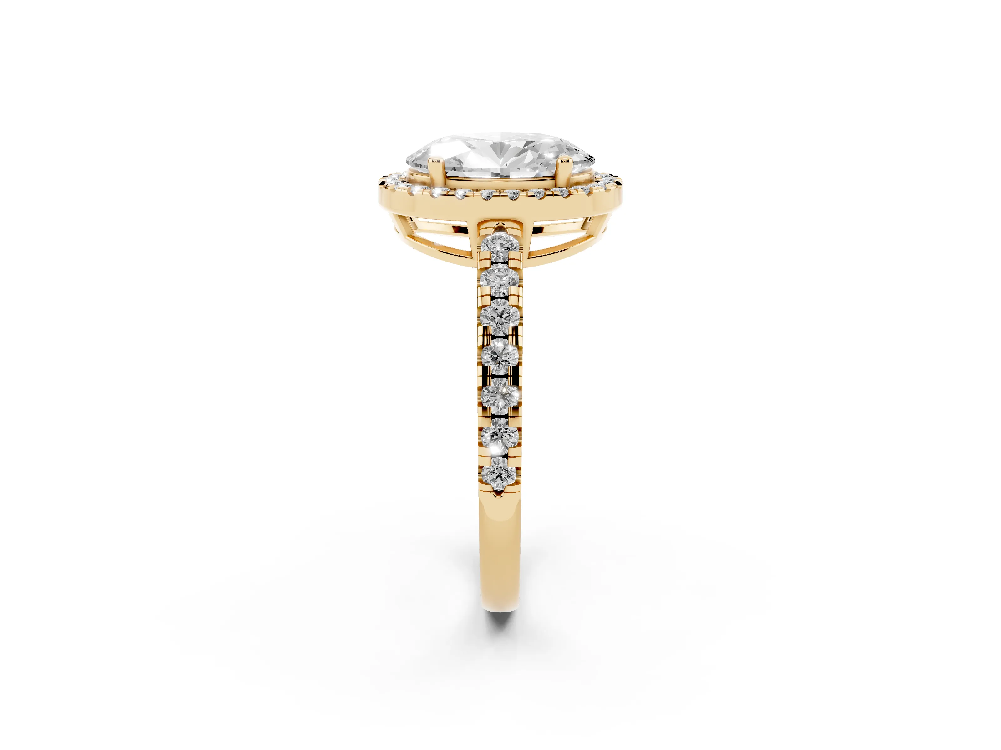 Oval Cut Diamond Halo Ring Set in Yellow gold with Delicate Pavé Band and Prong Setting