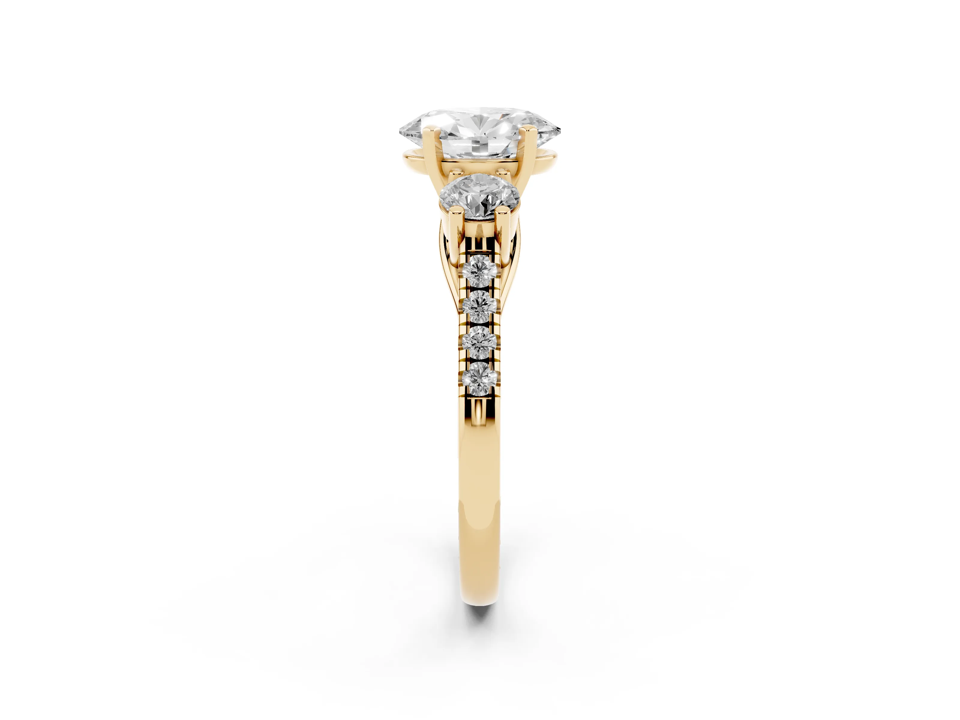 Three-Stone Oval Cut Diamond Pavé Band Ring Set in Yellow gold with Prong-Set Trio