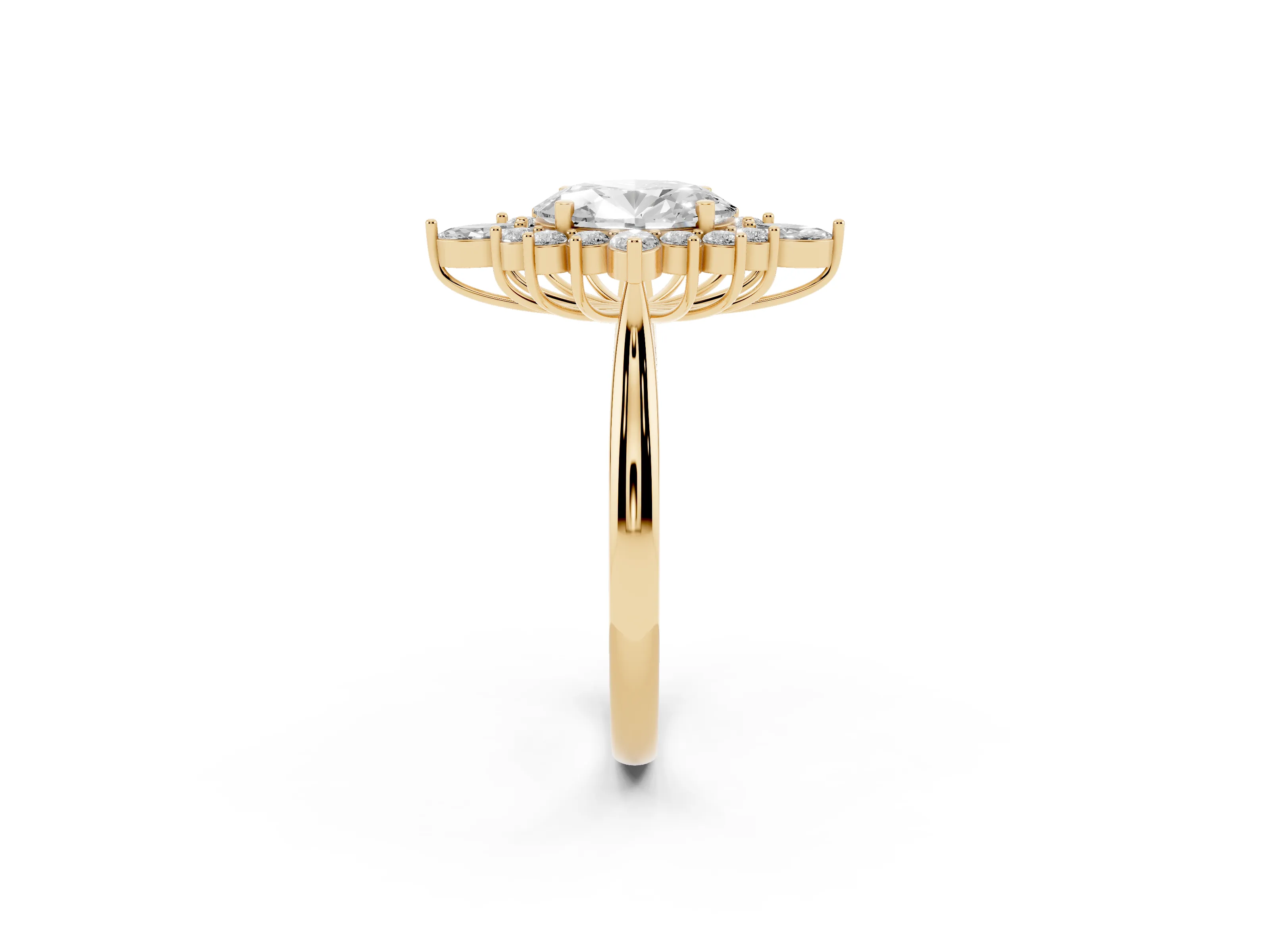 Oval Cut Diamond Cluster Halo Ring Set in Yellow gold with Marquise and Round Accents