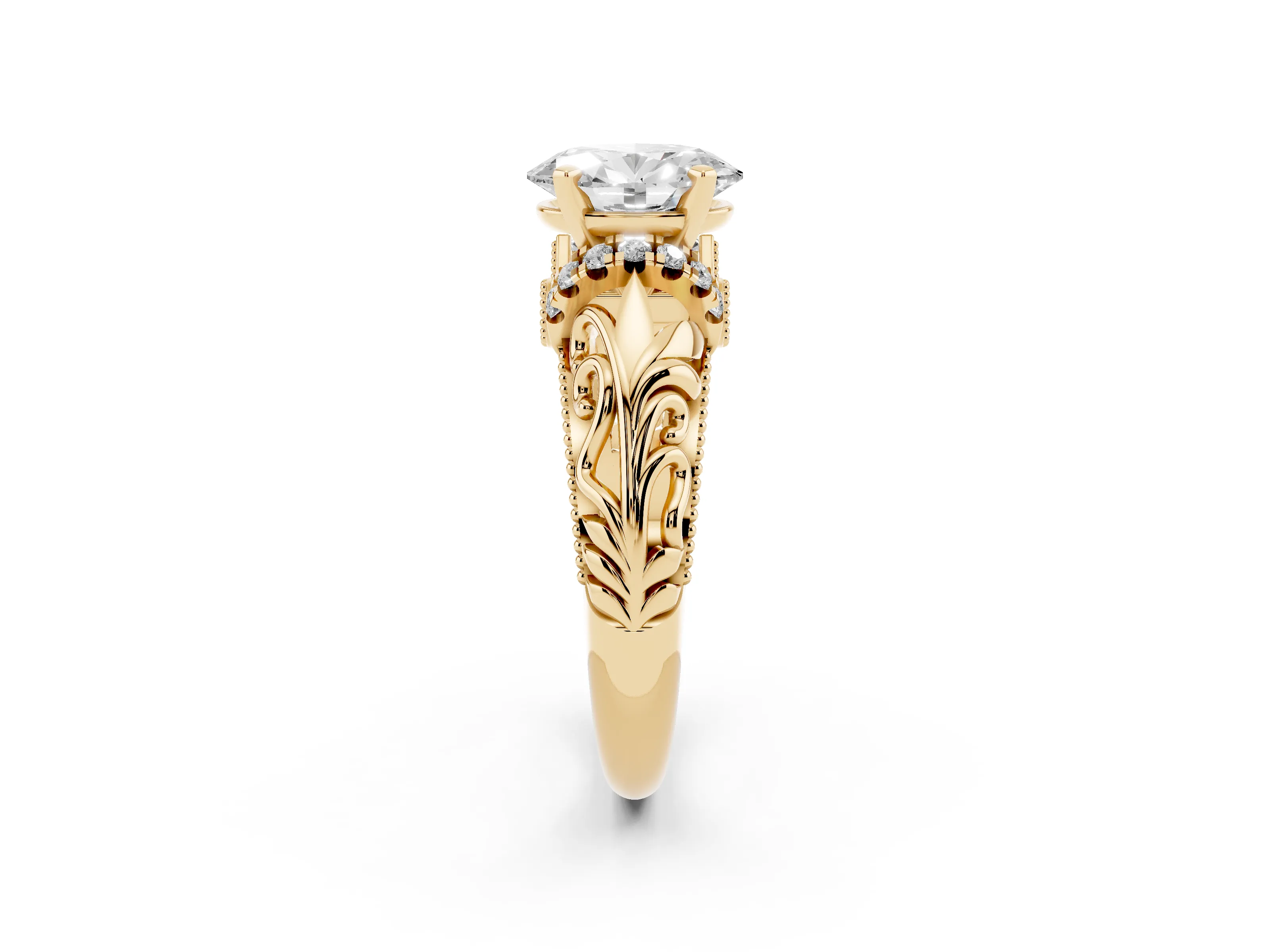 Oval Cut Diamond Filigree Halo Engagement Ring Set in Yellow gold with Prong Setting