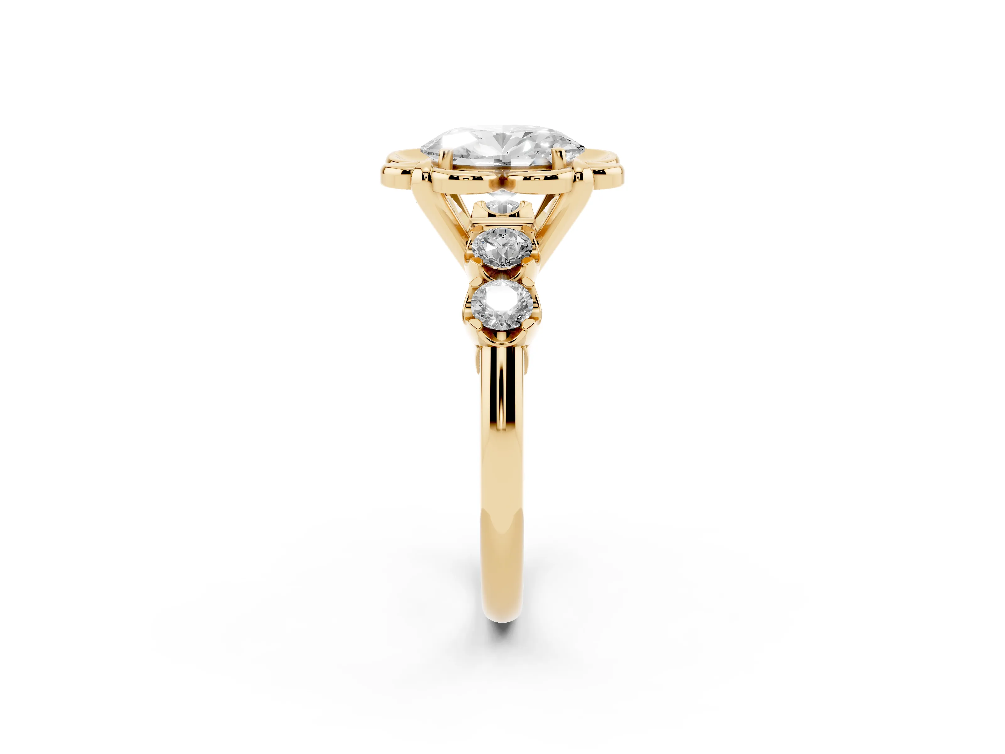 Oval Cut Diamond Floral Halo Ring Set in Yellow gold with Shared Prong Band