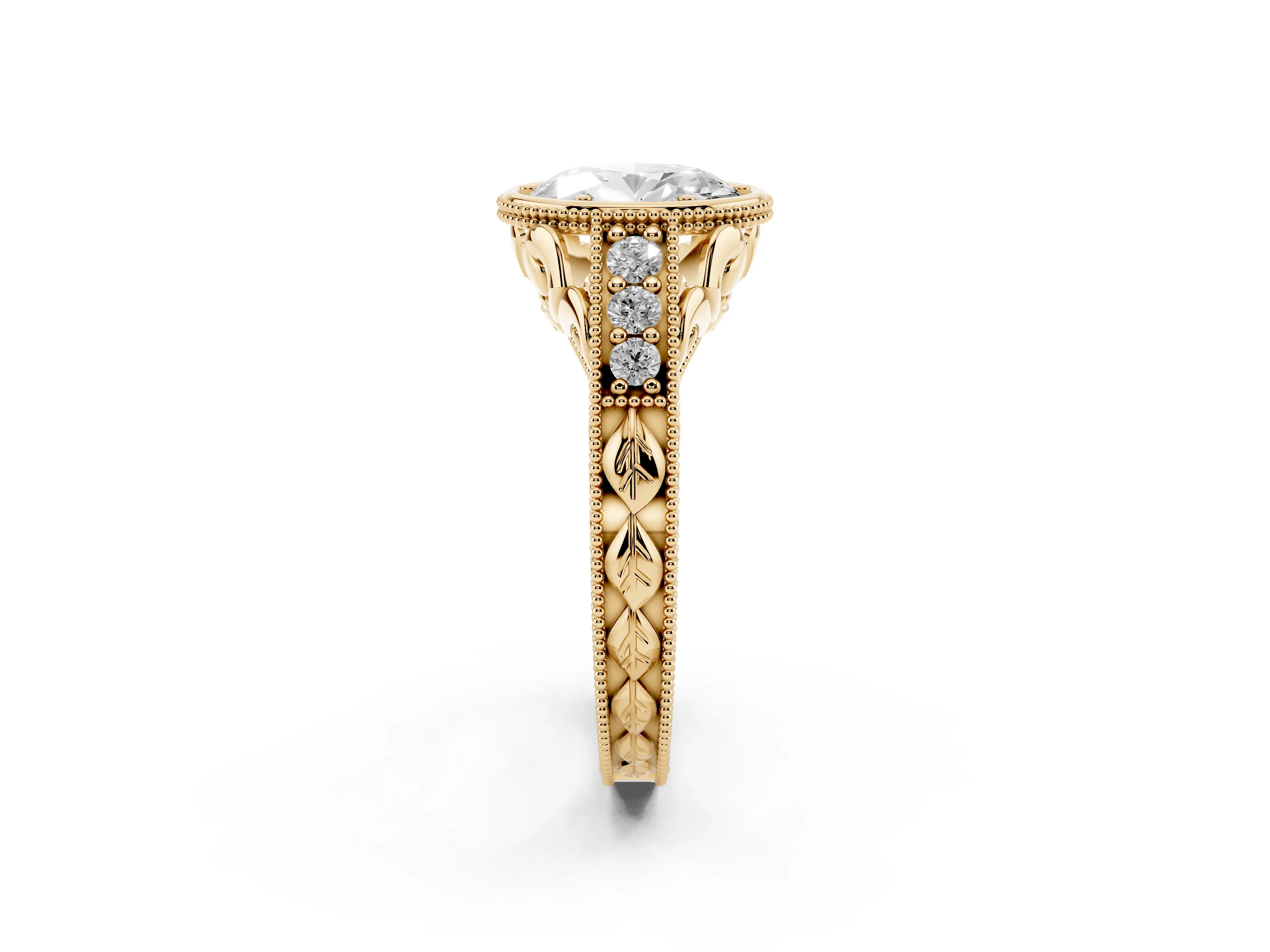 Bezel Set Oval Cut Diamond Milgrain Pavé Engagement Ring Set in Yellow gold