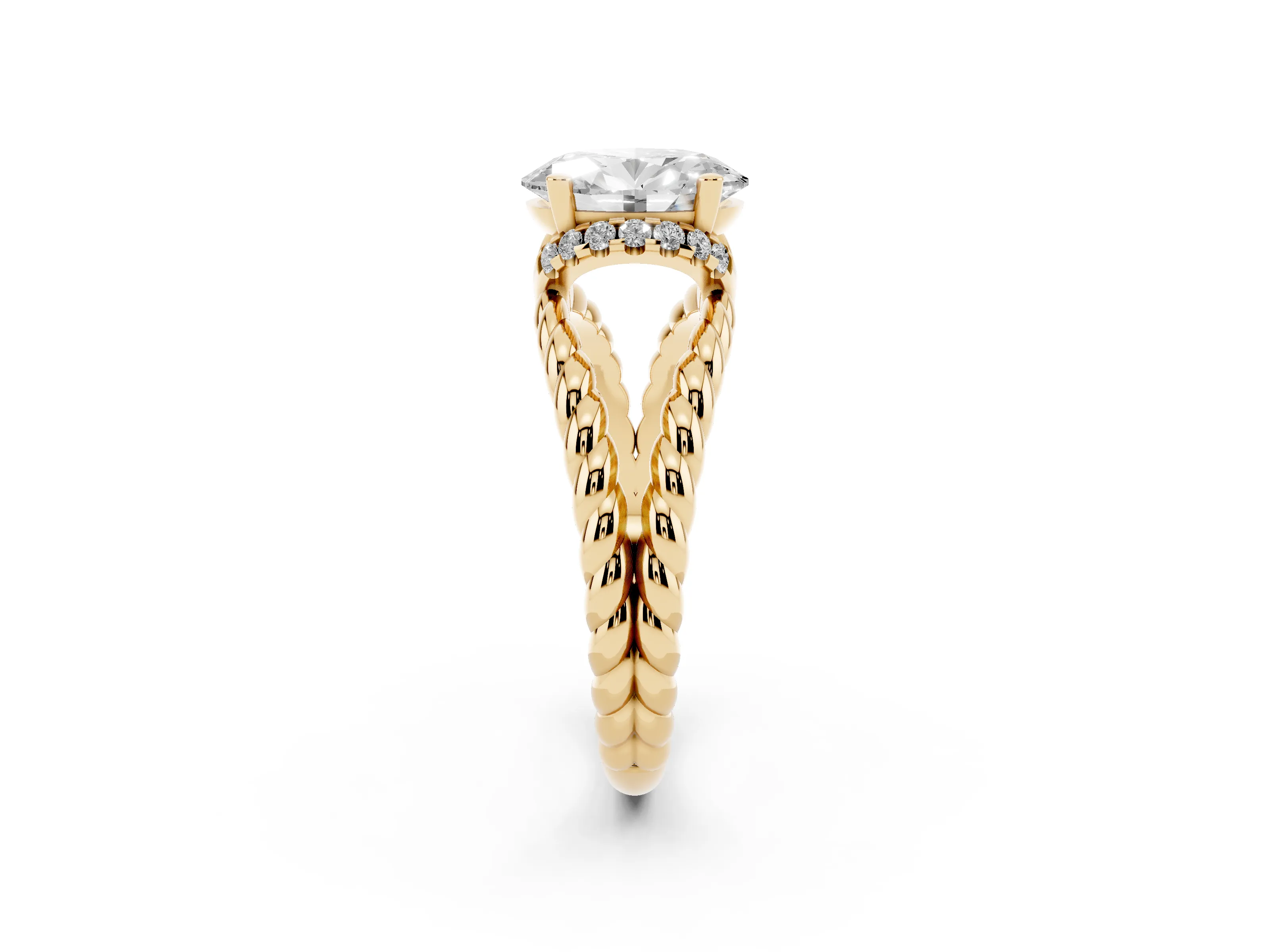 Oval Cut Diamond Halo Ring Set in Yellow gold with Twisted Band and Prong Setting