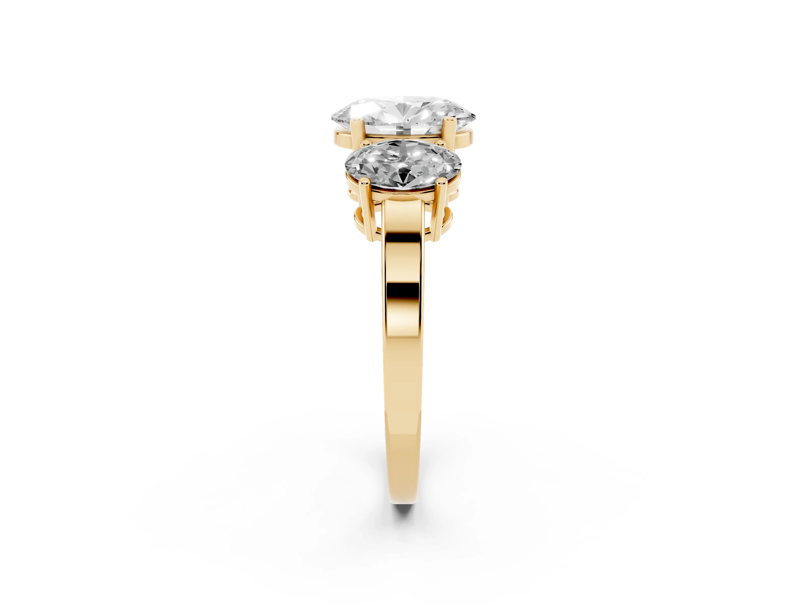 Oval Cut Diamond Three-Stone Engagement Ring Set in Yellow gold with Flat Band