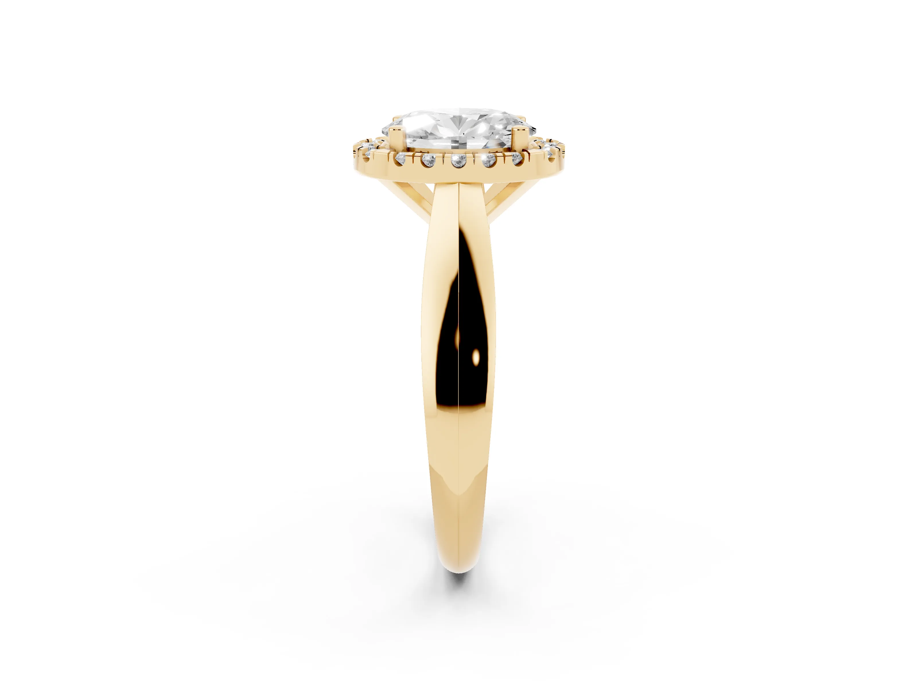 Oval Cut Diamond Halo Solitaire Engagement Ring Set in Yellow gold with Square Band and Prong Setting