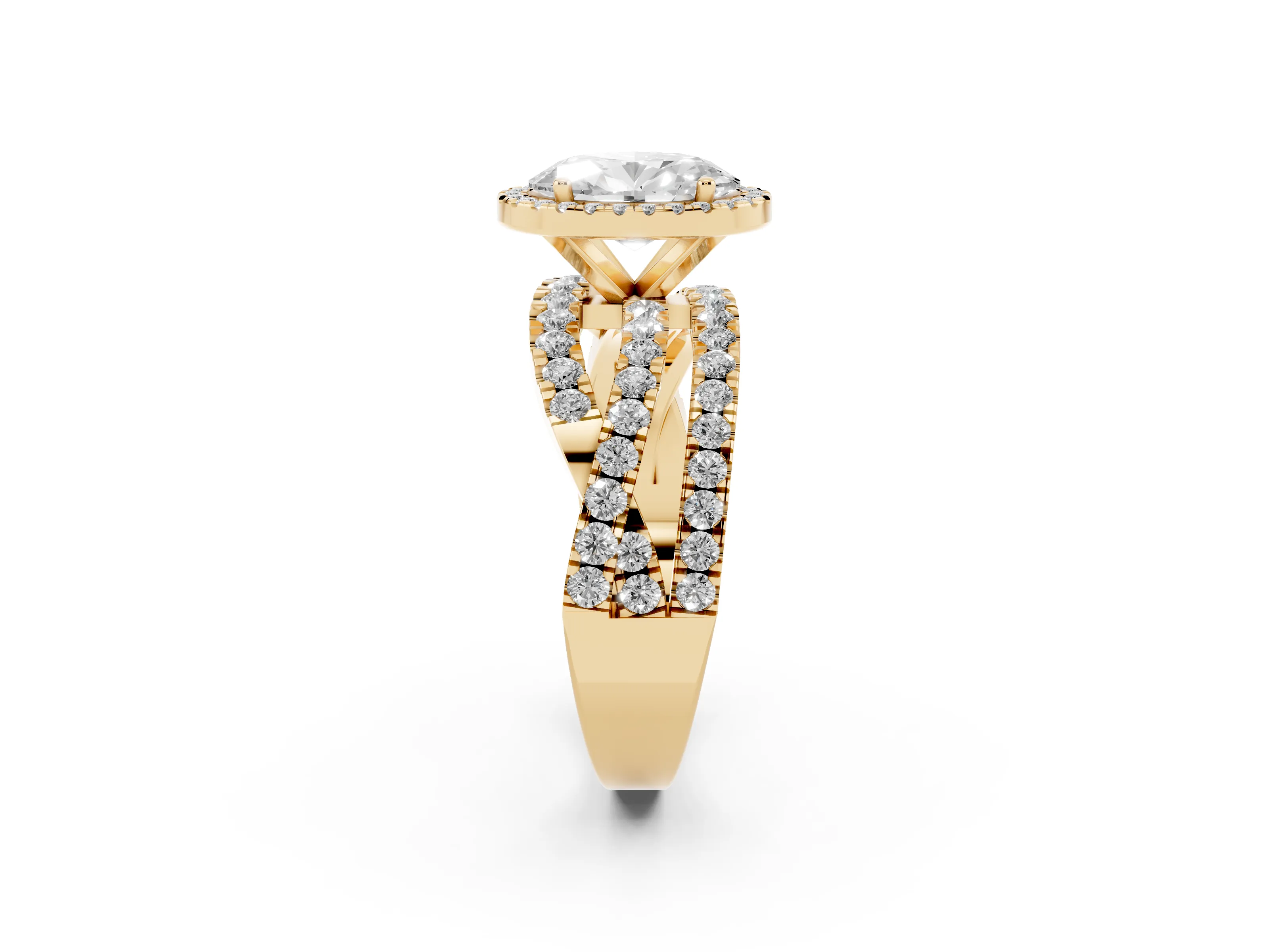 Oval Cut Diamond Halo Ring Set in Yellow gold with Round Crossover Split Shank and Prong Setting