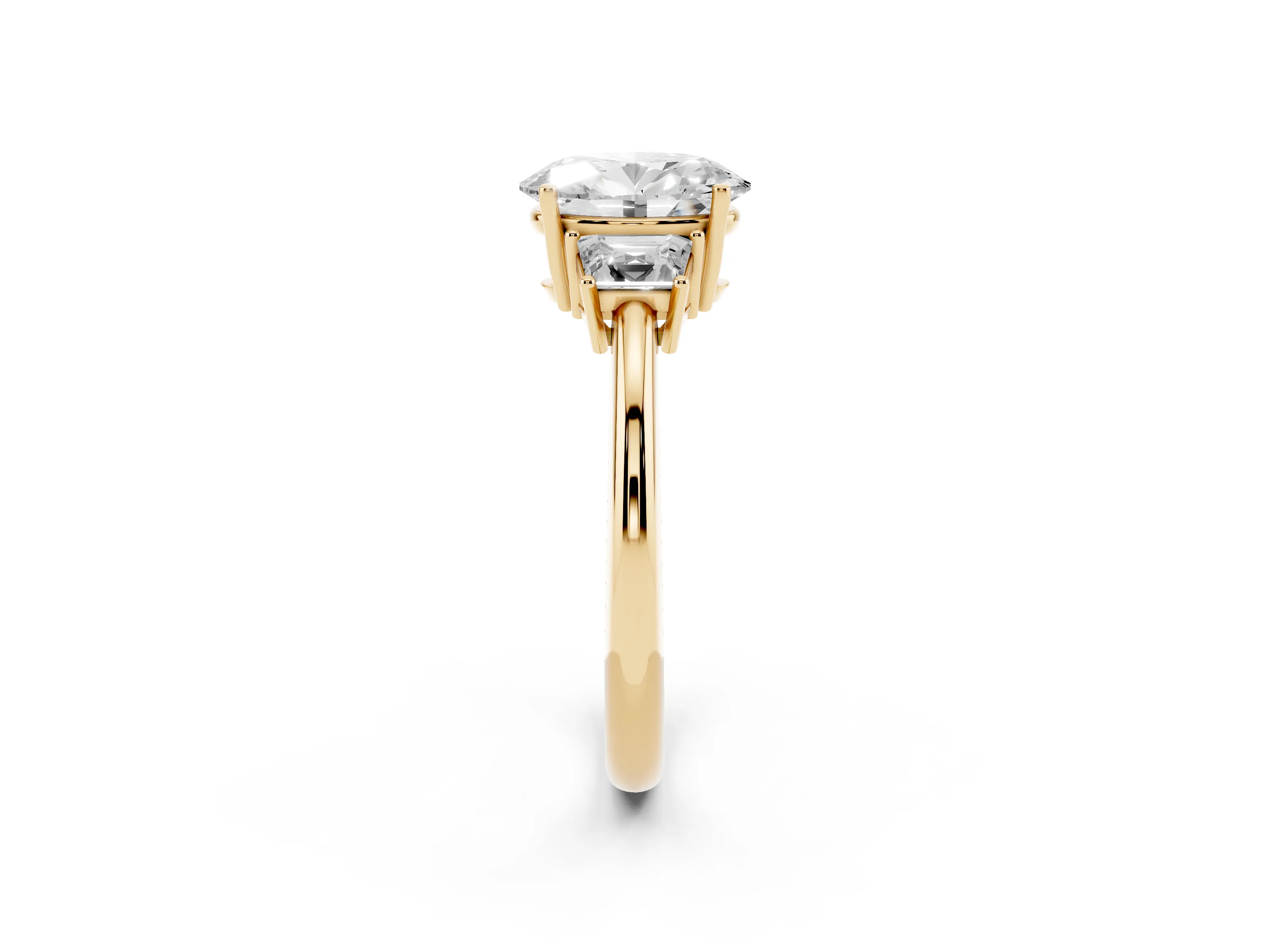 Oval Cut Diamond Three-Stone Ring Set in Yellow gold with Trapezoid Side Stones and Prong Setting
