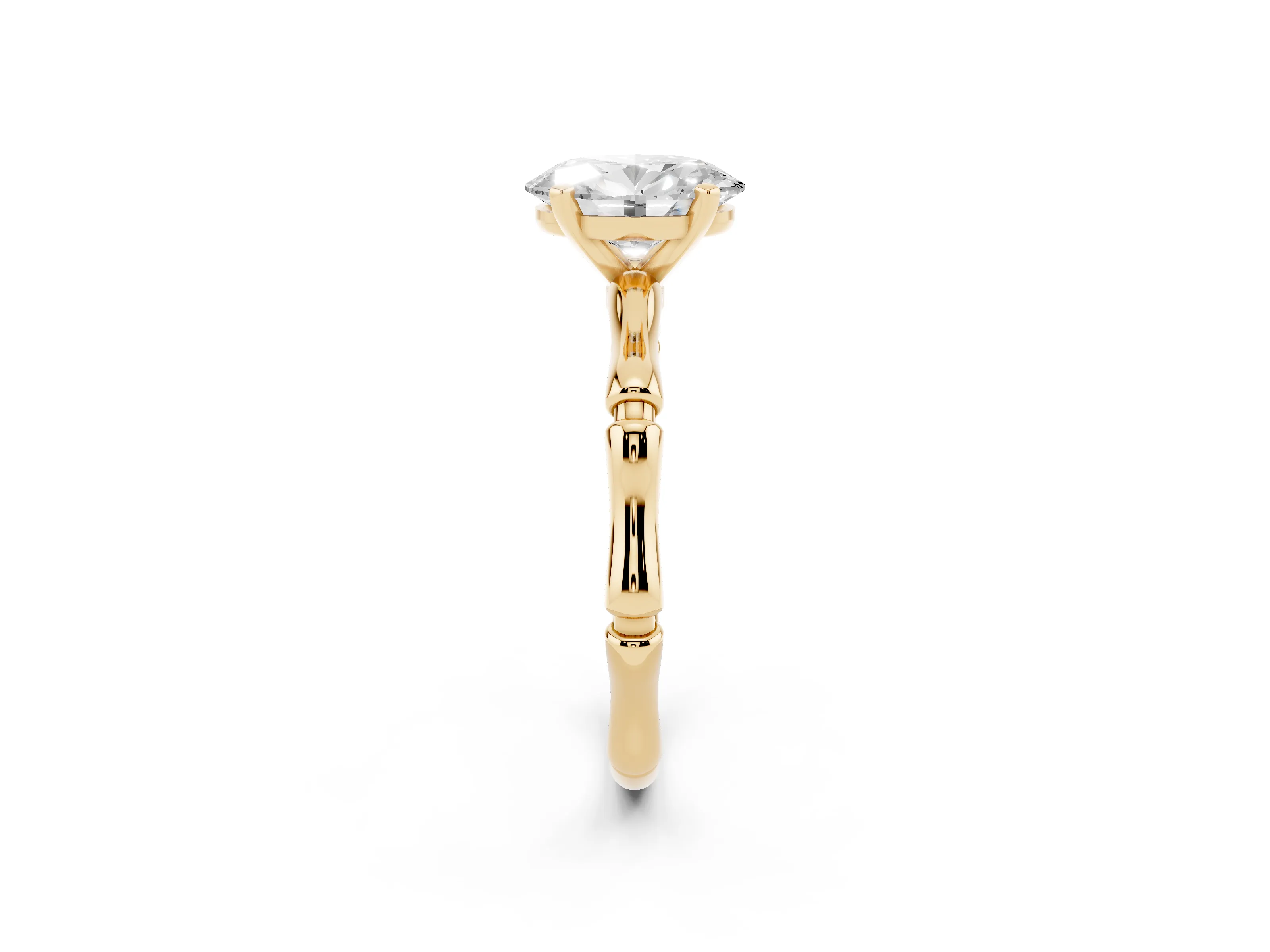 Oval Cut Diamond Solitaire Ring Set in Yellow gold with Bamboo Band and Prong Setting