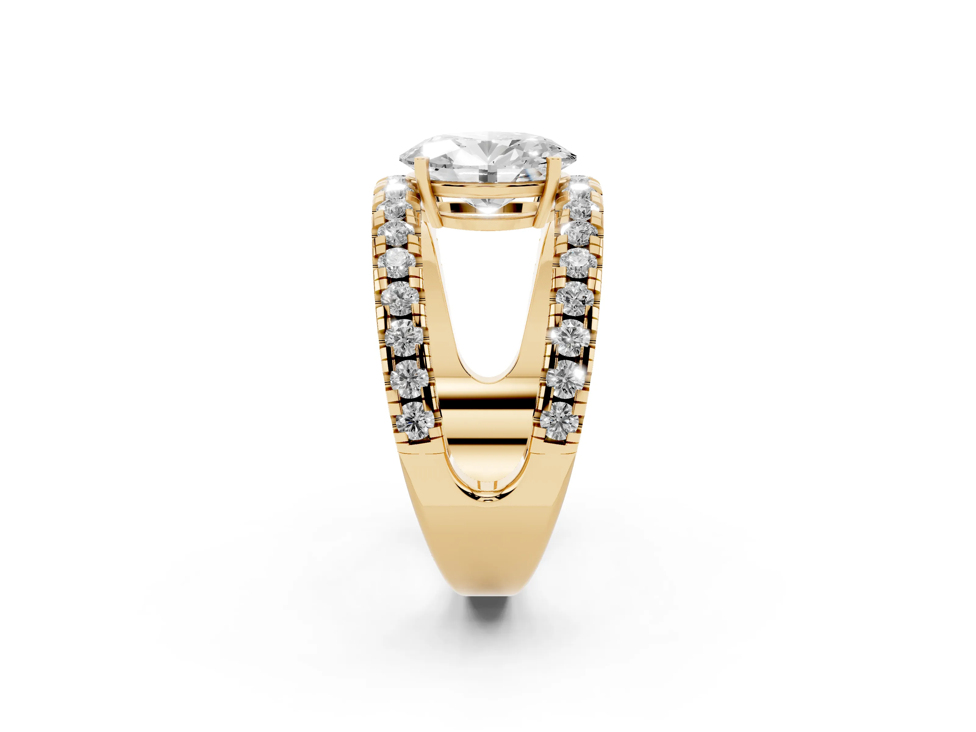 Oval Cut Diamond Split Shank Pavé Solitaire Ring Set in Yellow gold with Open Shank Design