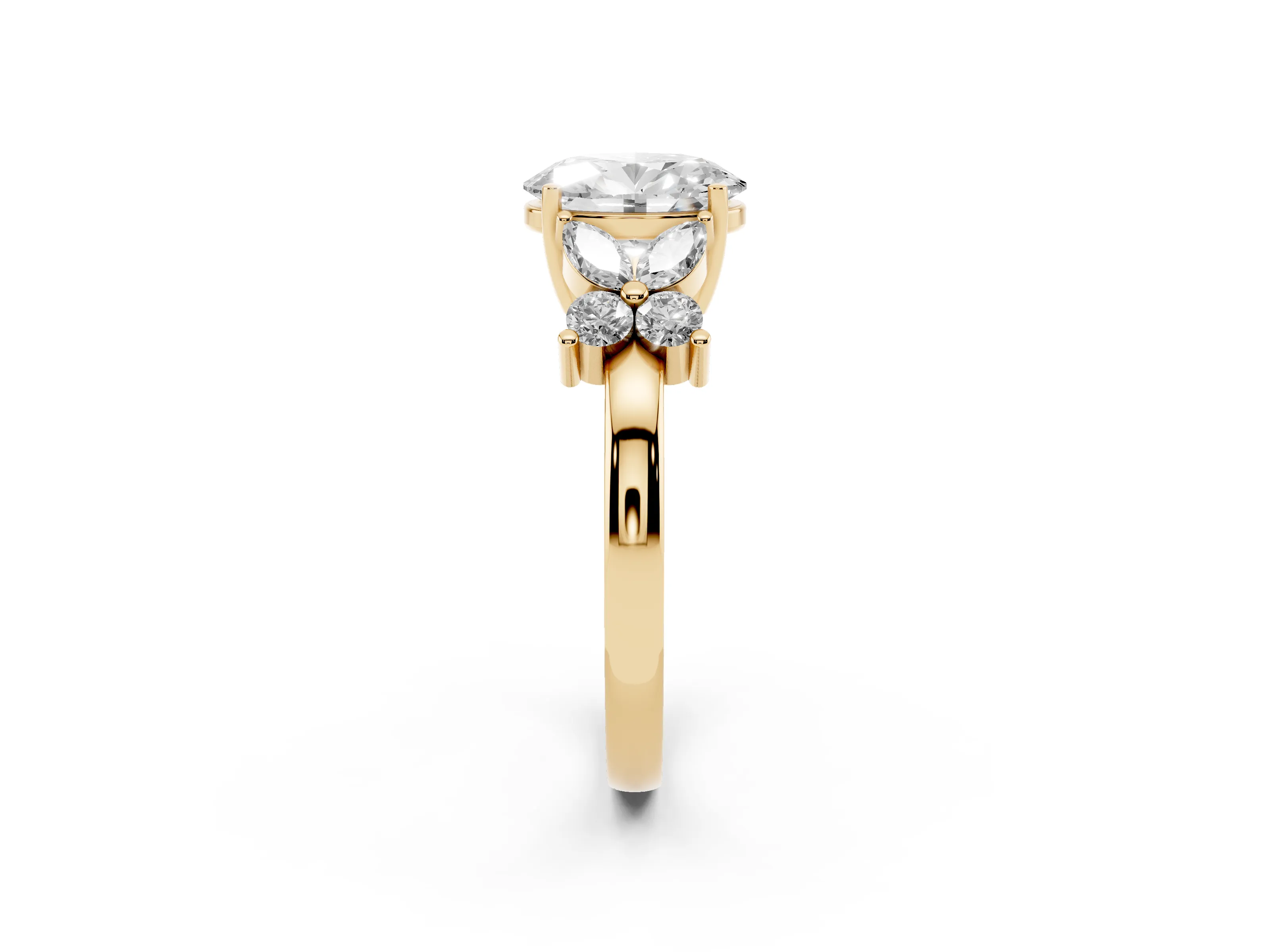 Oval Cut Diamond Floral Cluster Ring Set in Yellow gold with Marquise Petals and Prong Setting