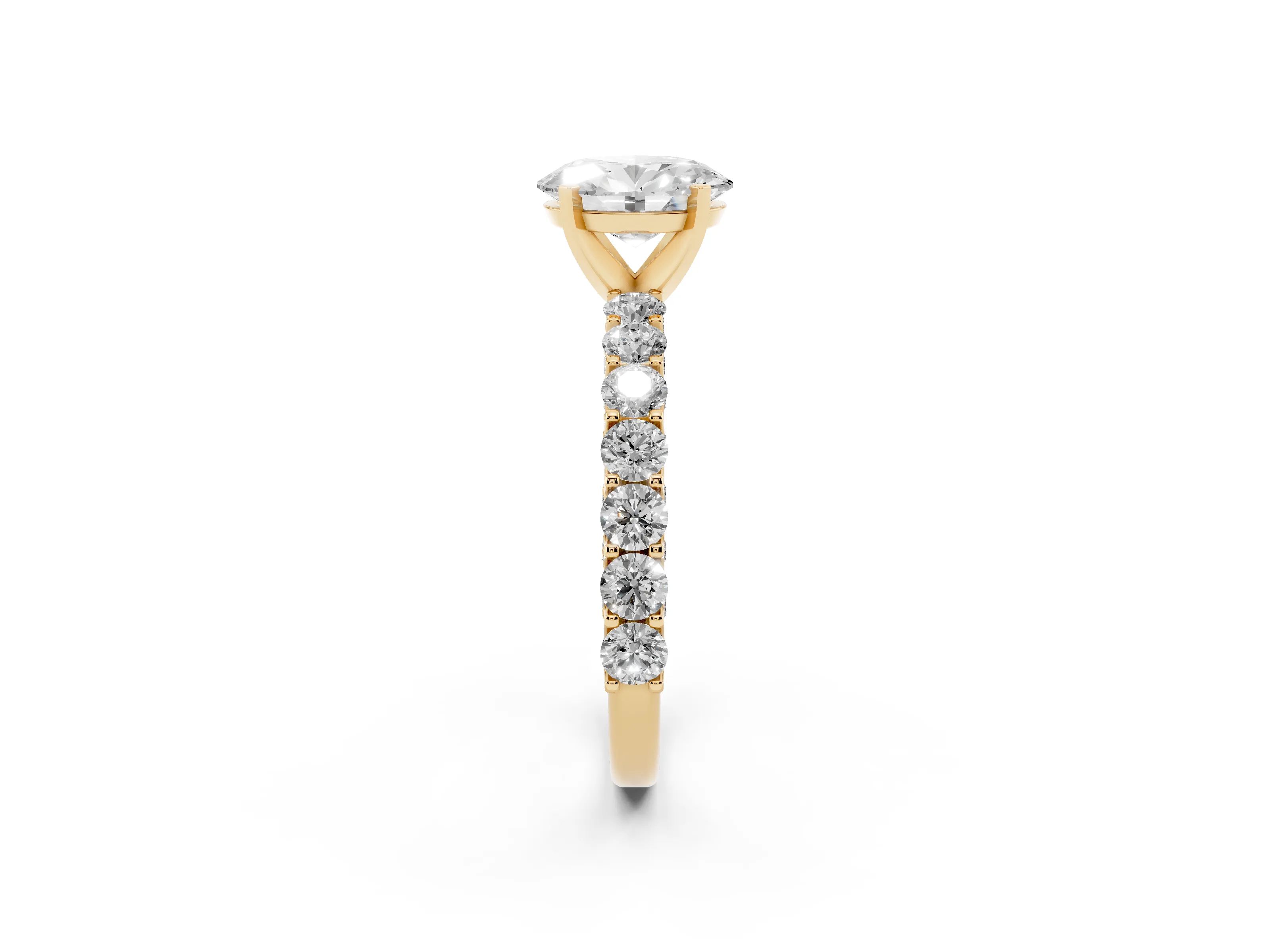 Oval Cut Diamond Solitaire Ring Set in Yellow gold with Shared Prong Pavé Band