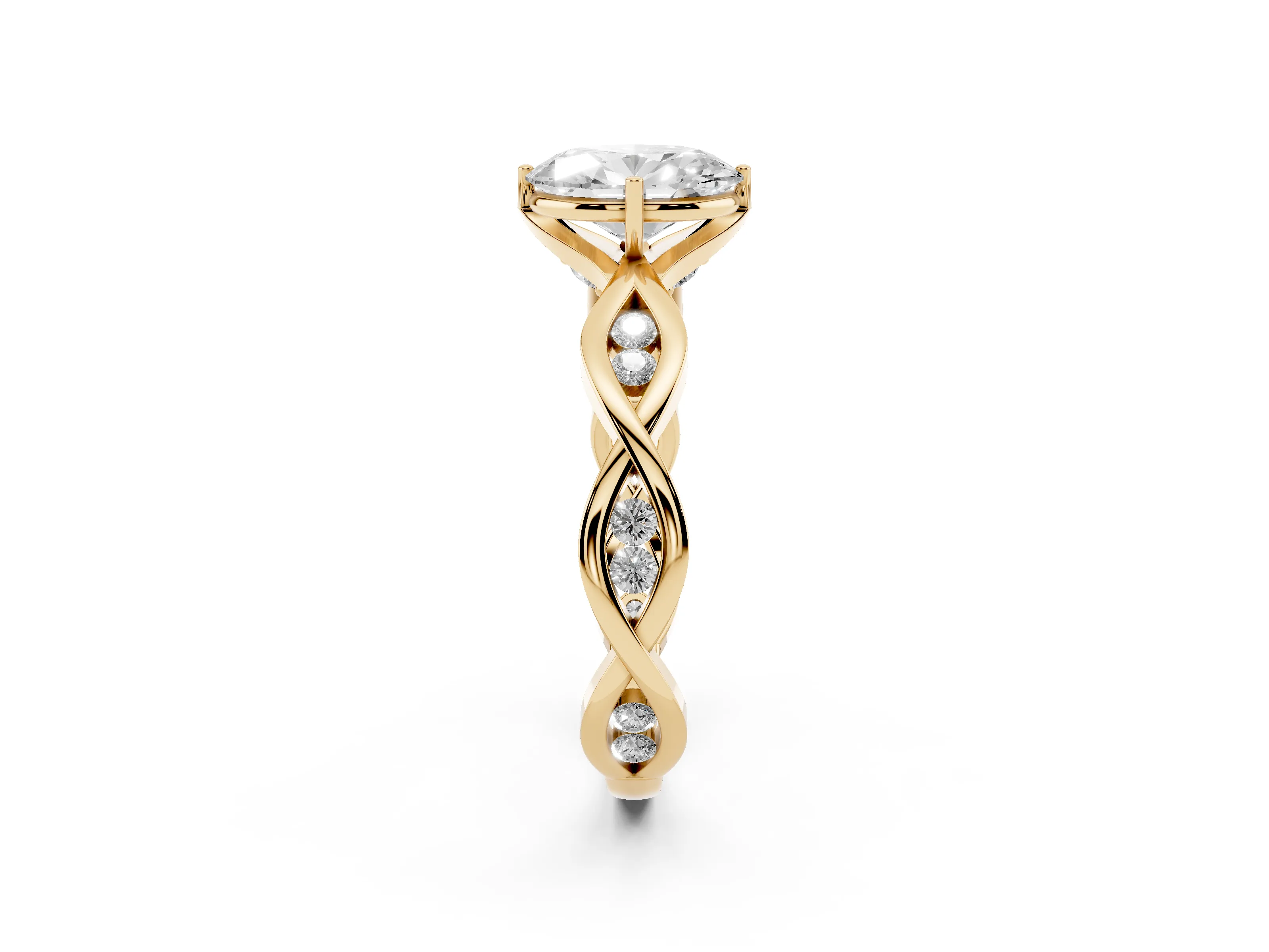 Oval Cut Diamond Twist Band Solitaire Ring Set in Yellow gold with Leaf Prong Setting and Accent Stones