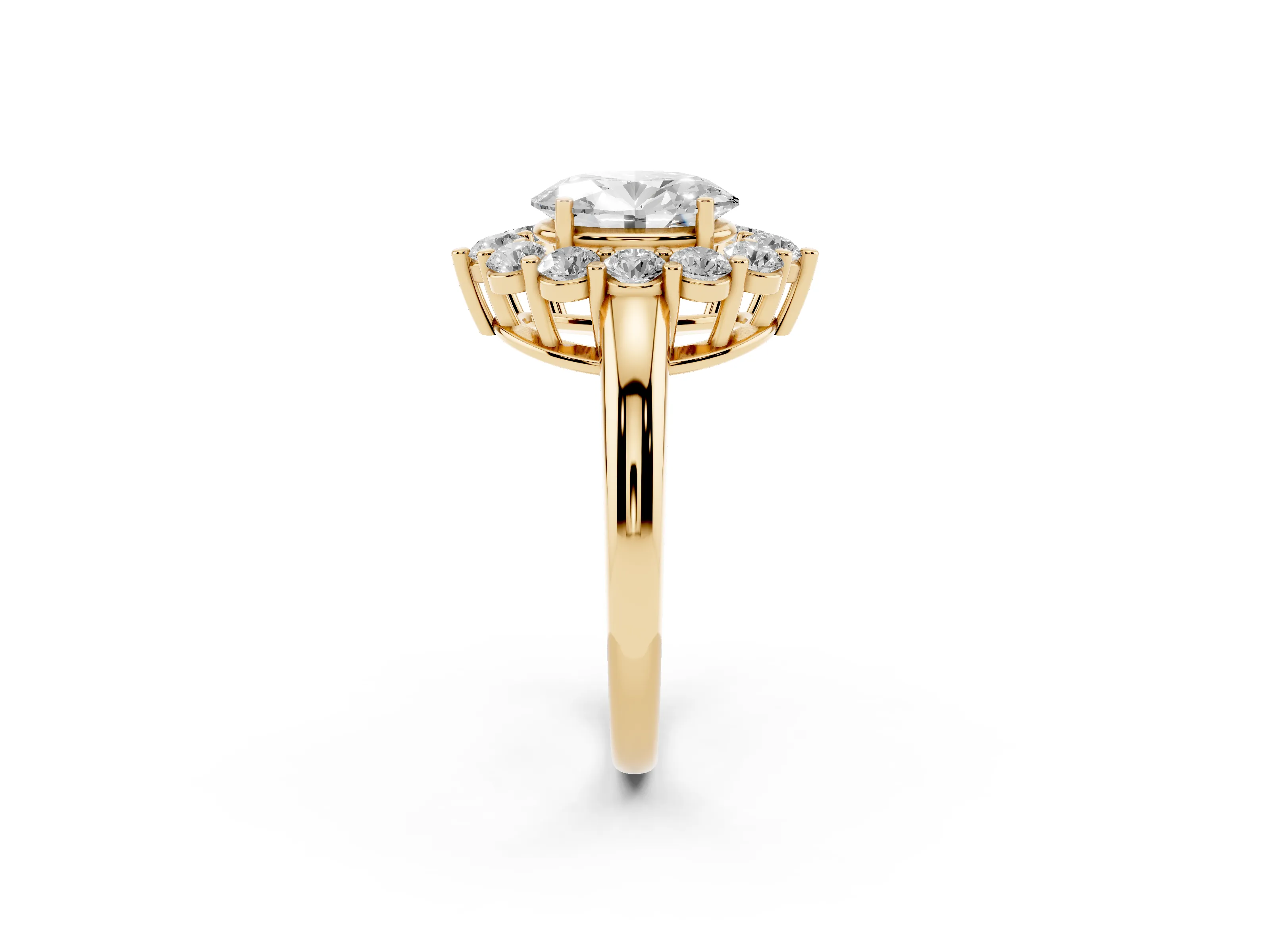Oval Cut Diamond Halo Cluster Engagement Ring Set in Yellow gold with Polished Band and Prong Setting
