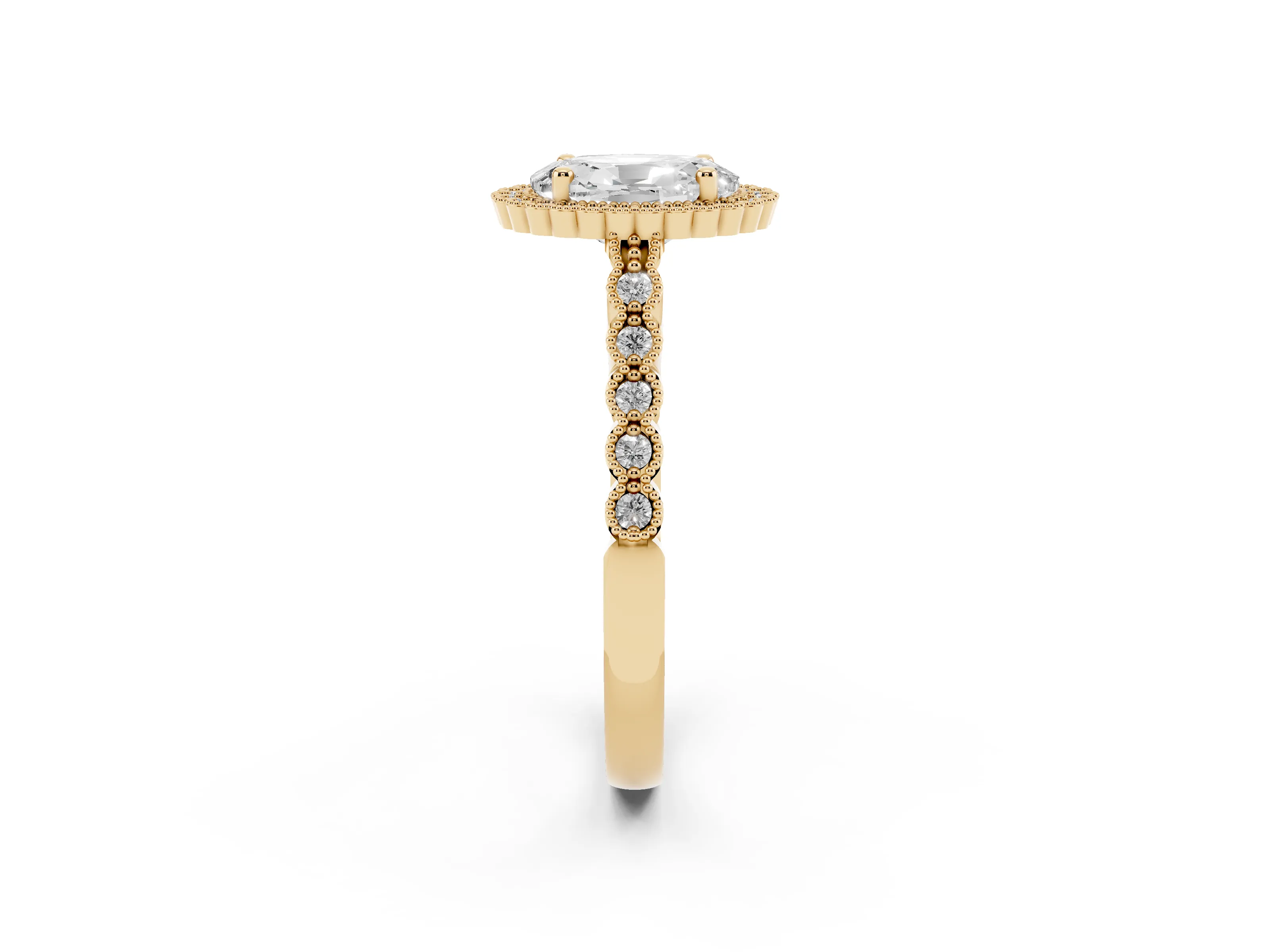Oval Cut Diamond Halo Ring Set in Yellow gold with Pavé Milgrain Band