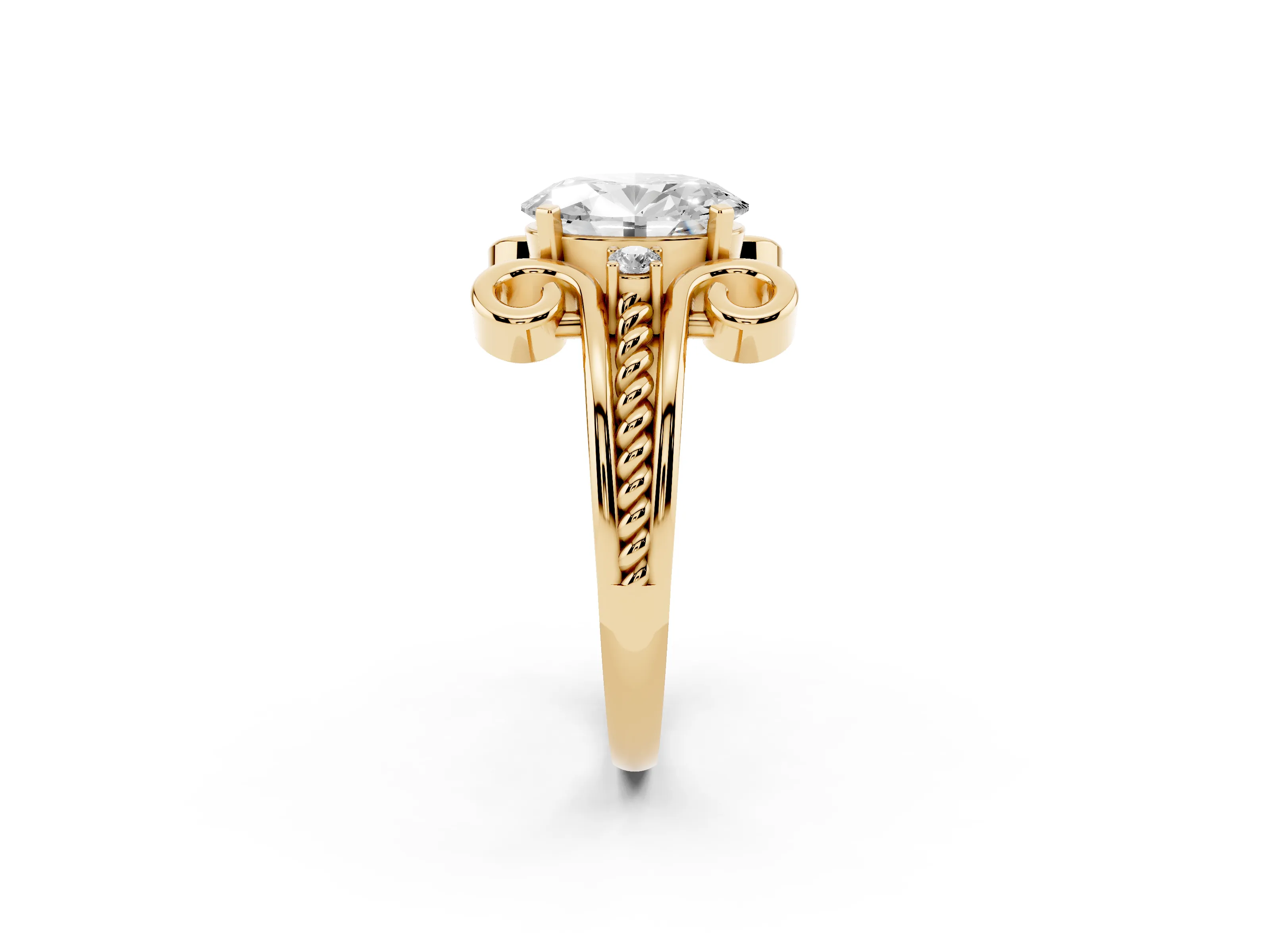 Oval Cut Diamond Twisted Band Solitaire Ring Set in Yellow gold with Scroll Prongs