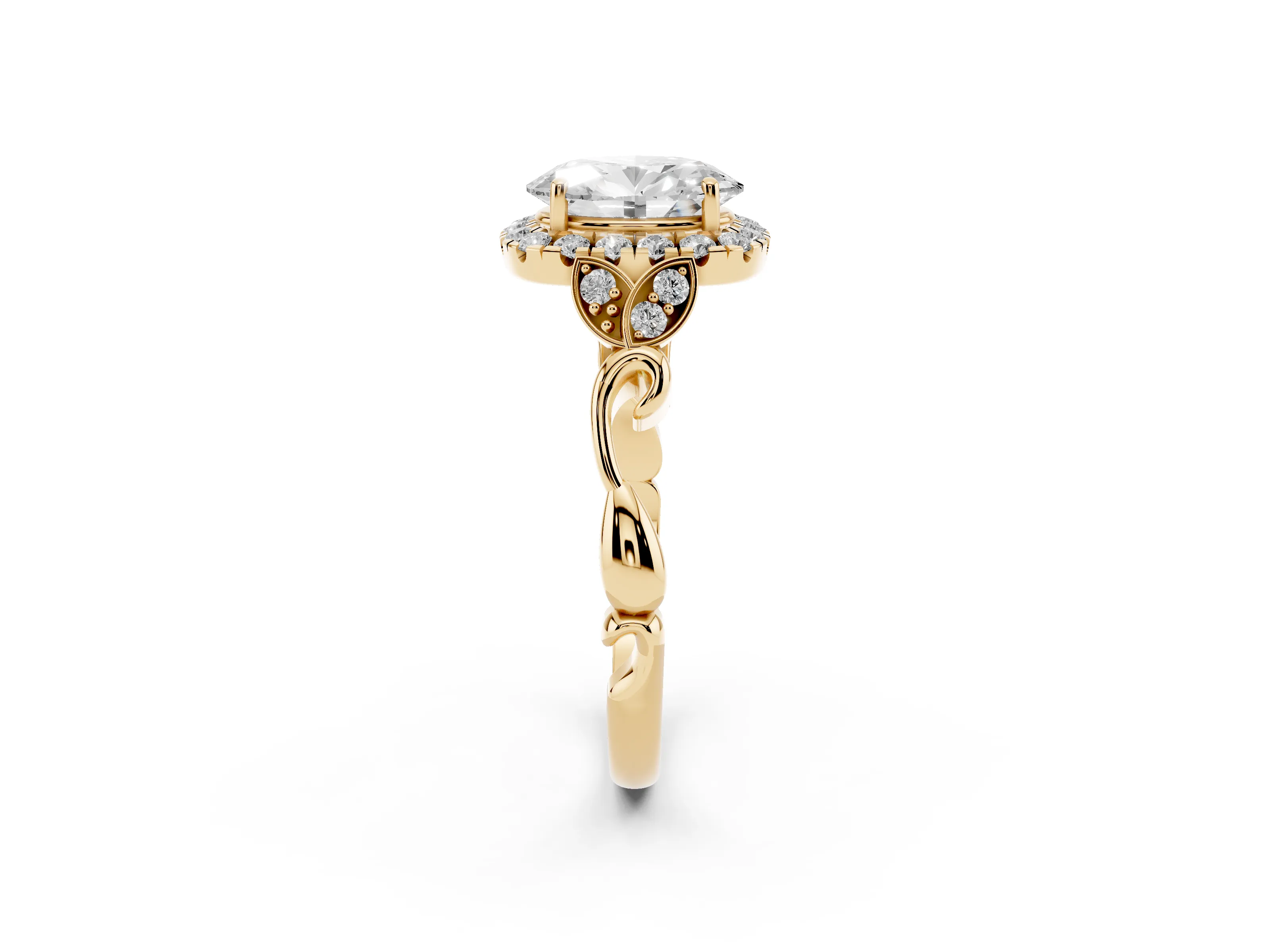 Oval Cut Diamond Halo Engagement Ring Set in Yellow gold with Vintage-Inspired Band and Prong Setting