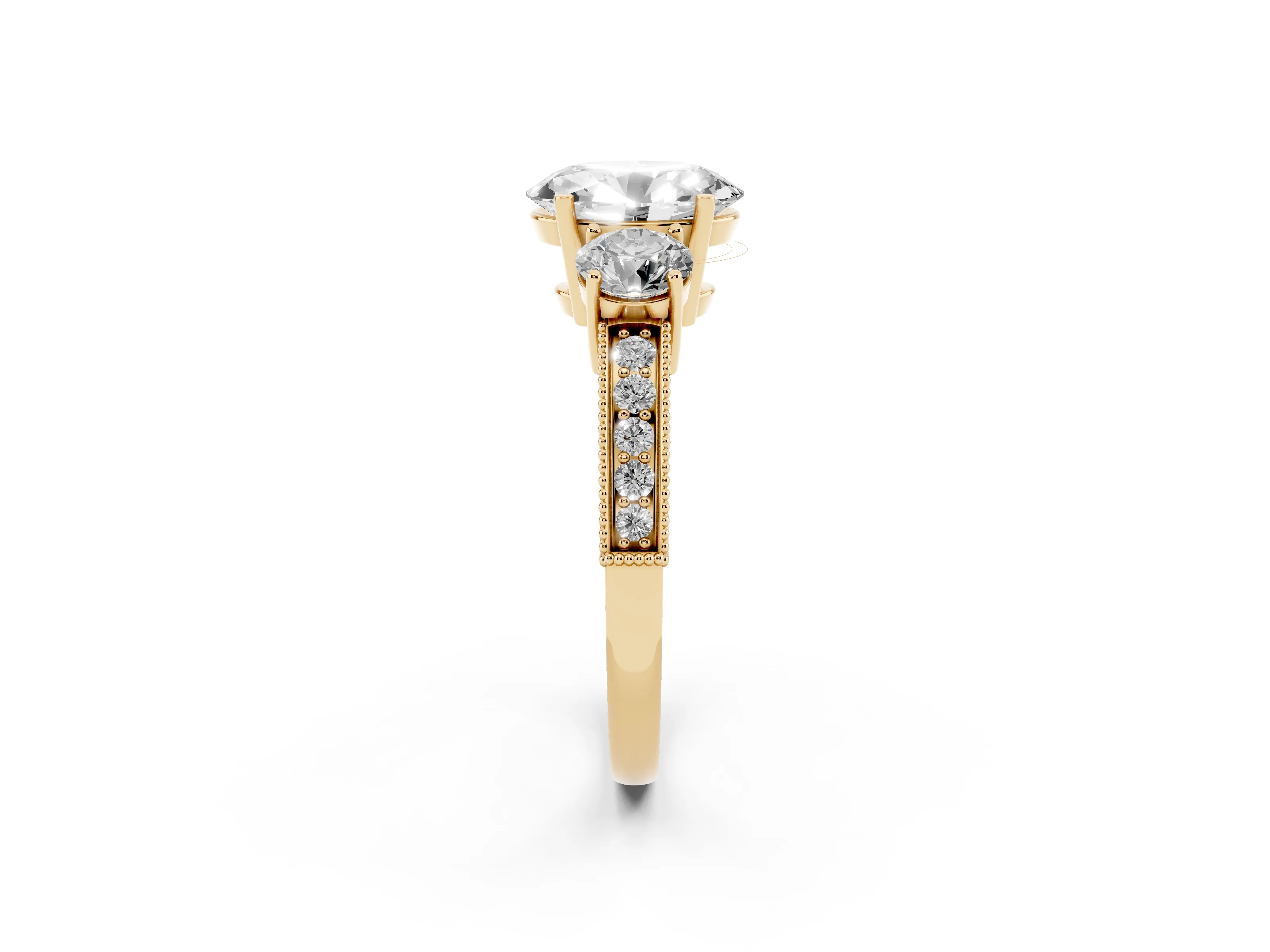 Oval Cut Diamond Three-Stone Ring Set in Yellow gold with Round Side Stones and Pavé Band