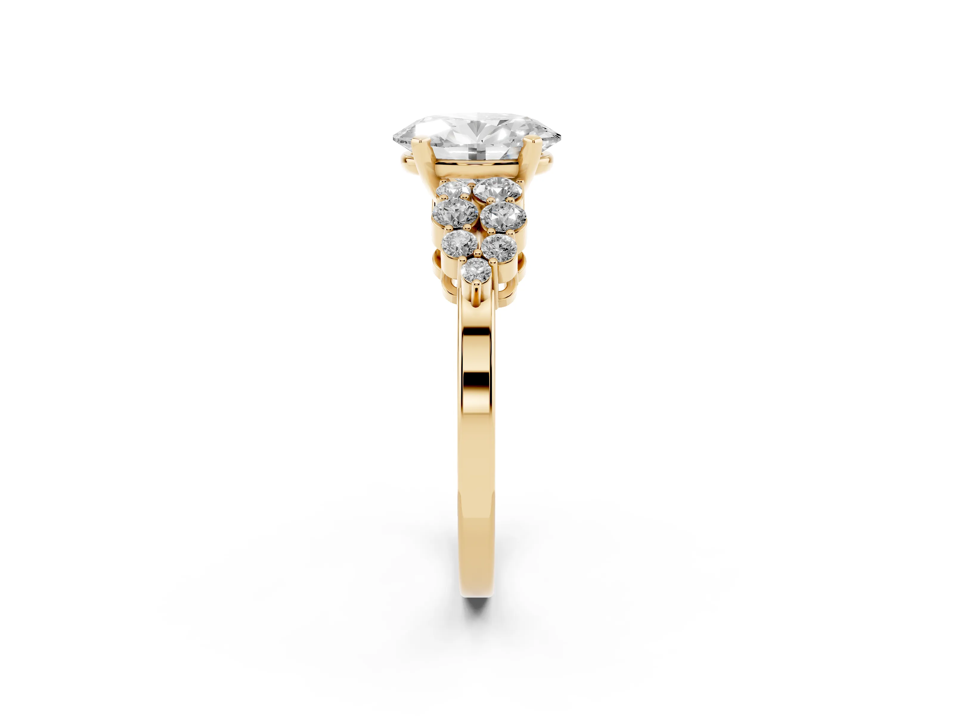 Oval Cut Diamond Cluster Engagement Ring Set in Yellow gold with Pavé Band and Prong Setting
