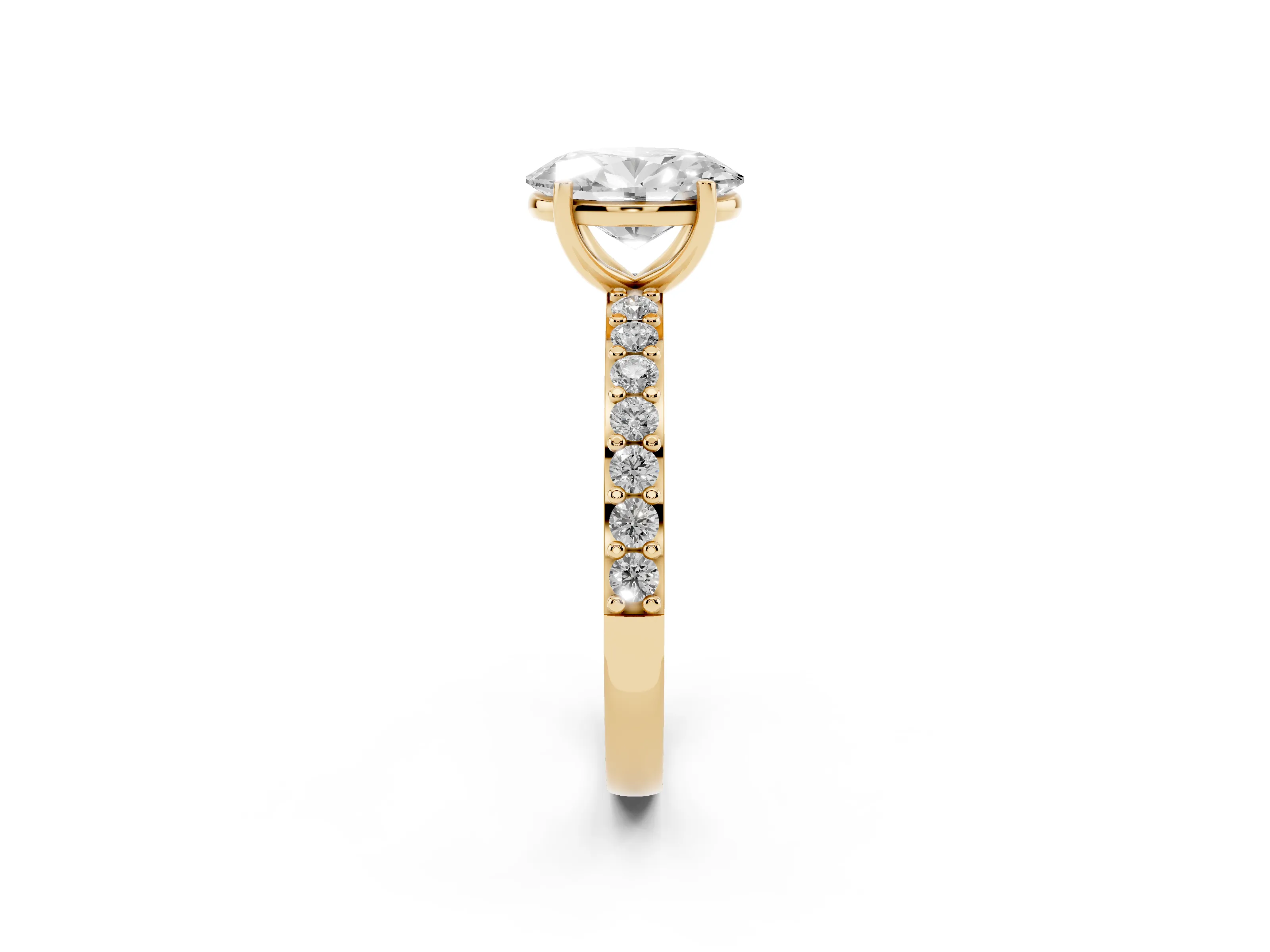 Oval Cut Diamond Solitaire Set in Yellow gold with Round Pavé Band and Prong Setting
