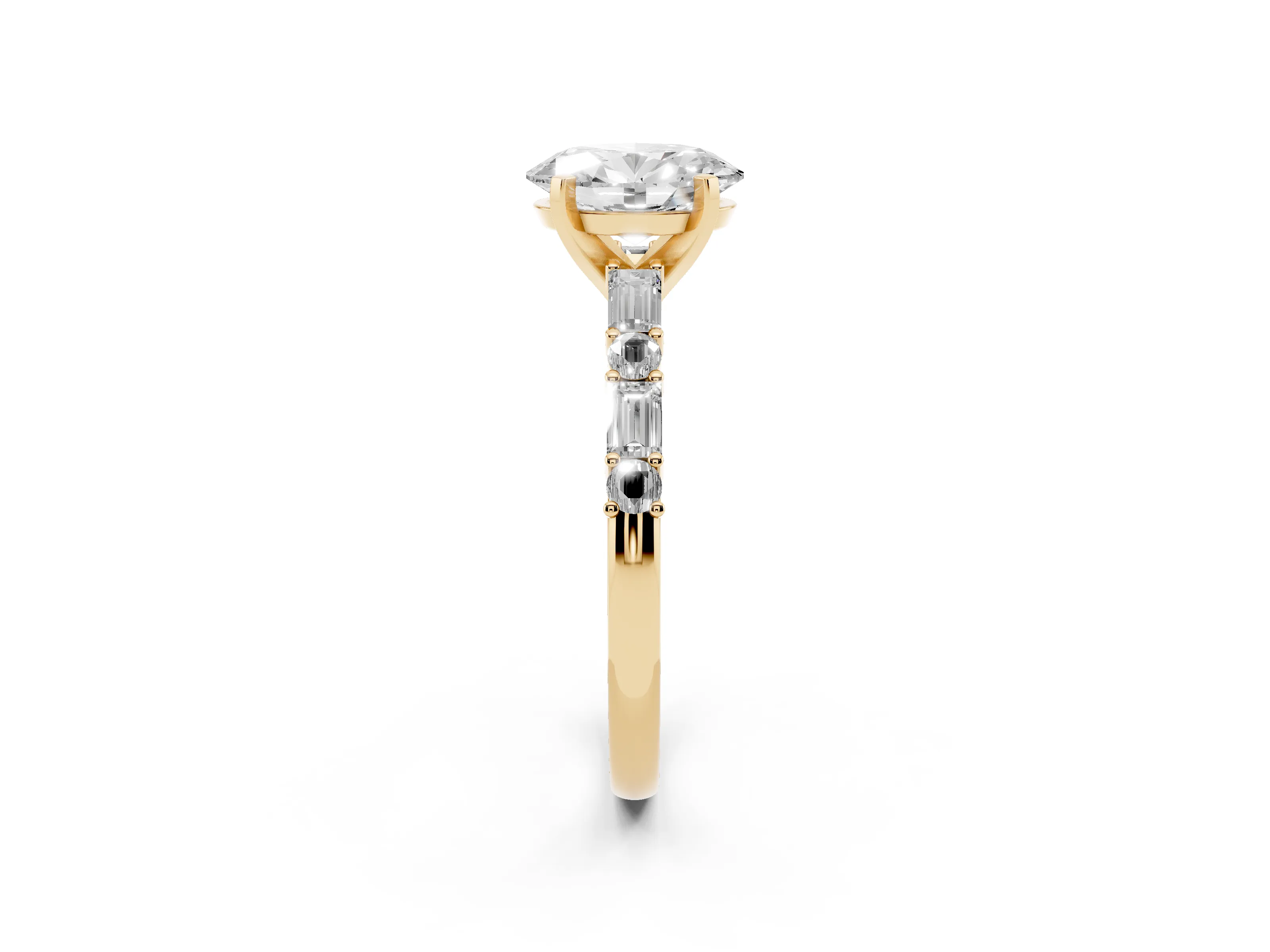 Oval Cut Diamond Solitaire Set in Yellow gold with Side Baguettes and Channel Set Band