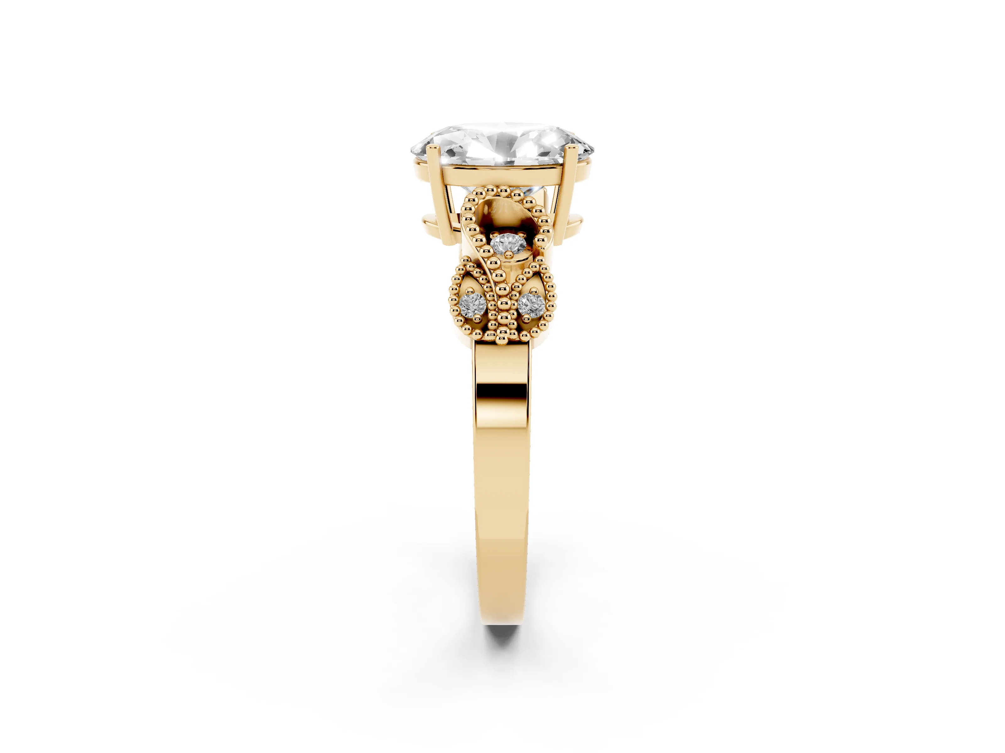 Oval Cut Diamond Milgrain Leaf Band Solitaire Ring Set in Yellow gold with Accent Stones and Prong Setting