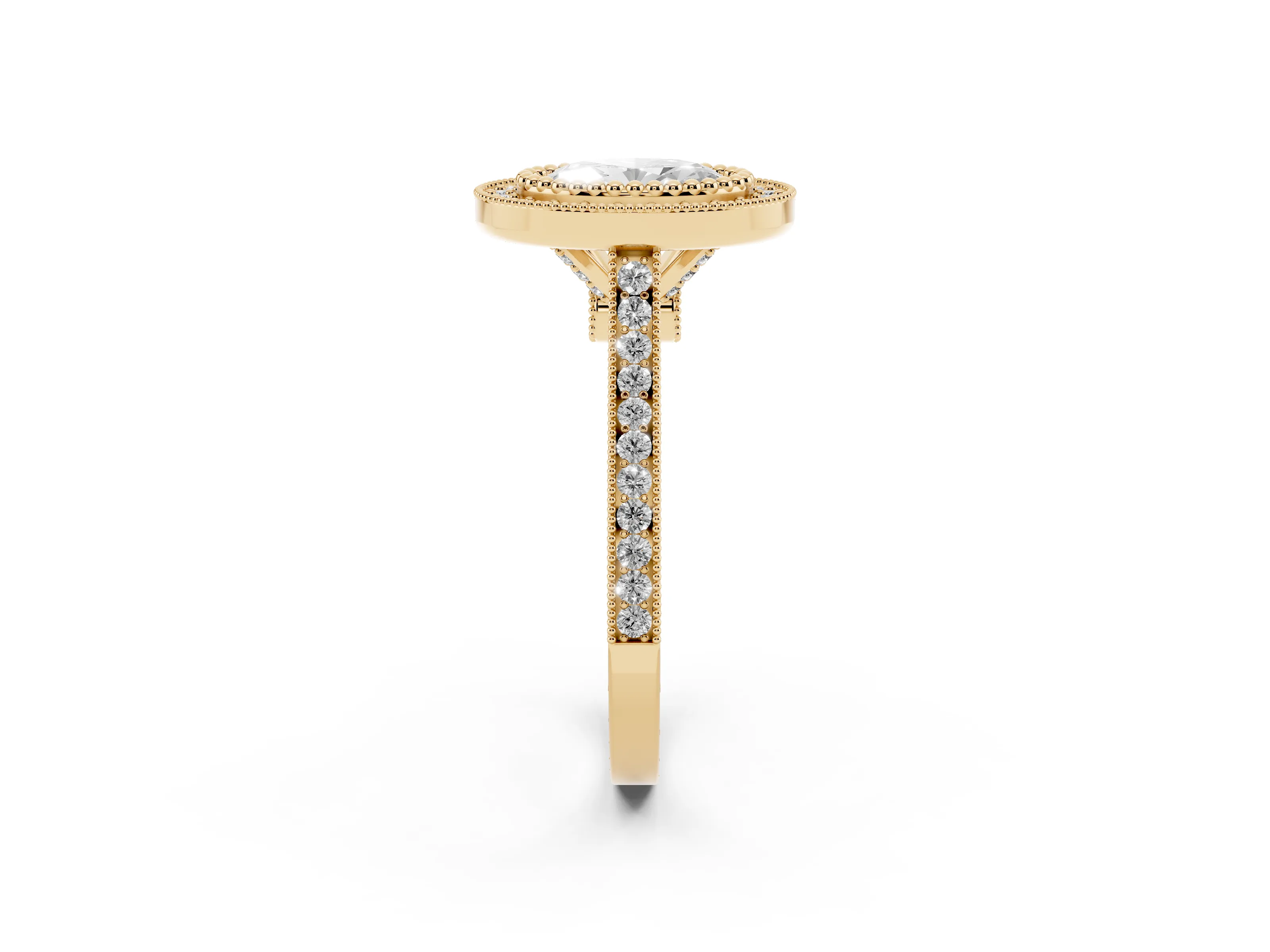 Oval Cut Diamond Halo Ring Set in Yellow gold with Milgrain Frame and Pavé Band