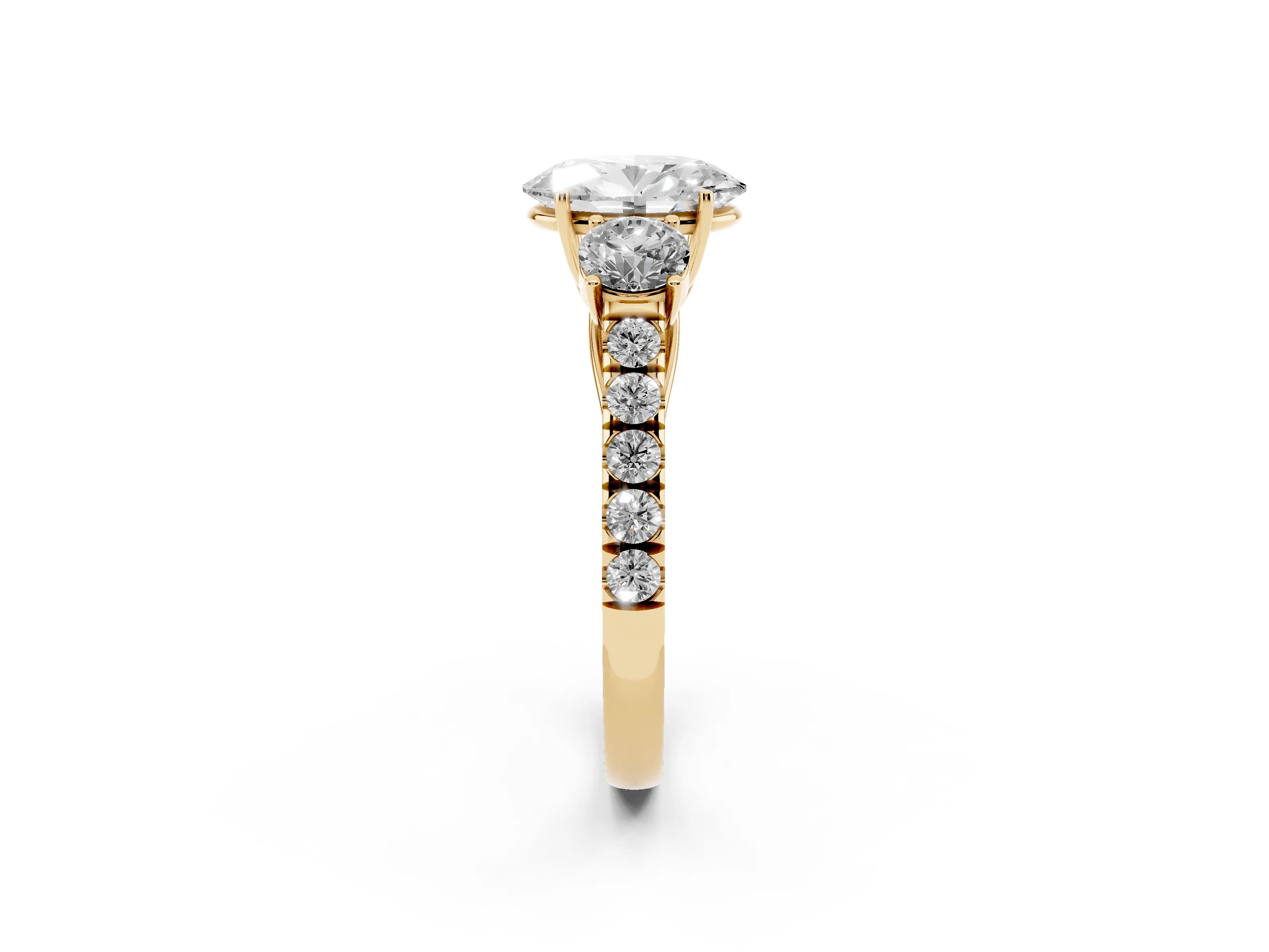 Oval Cut Diamond Three-Stone Ring Set in Yellow gold with Round Side Stones and Delicate Pavé Band