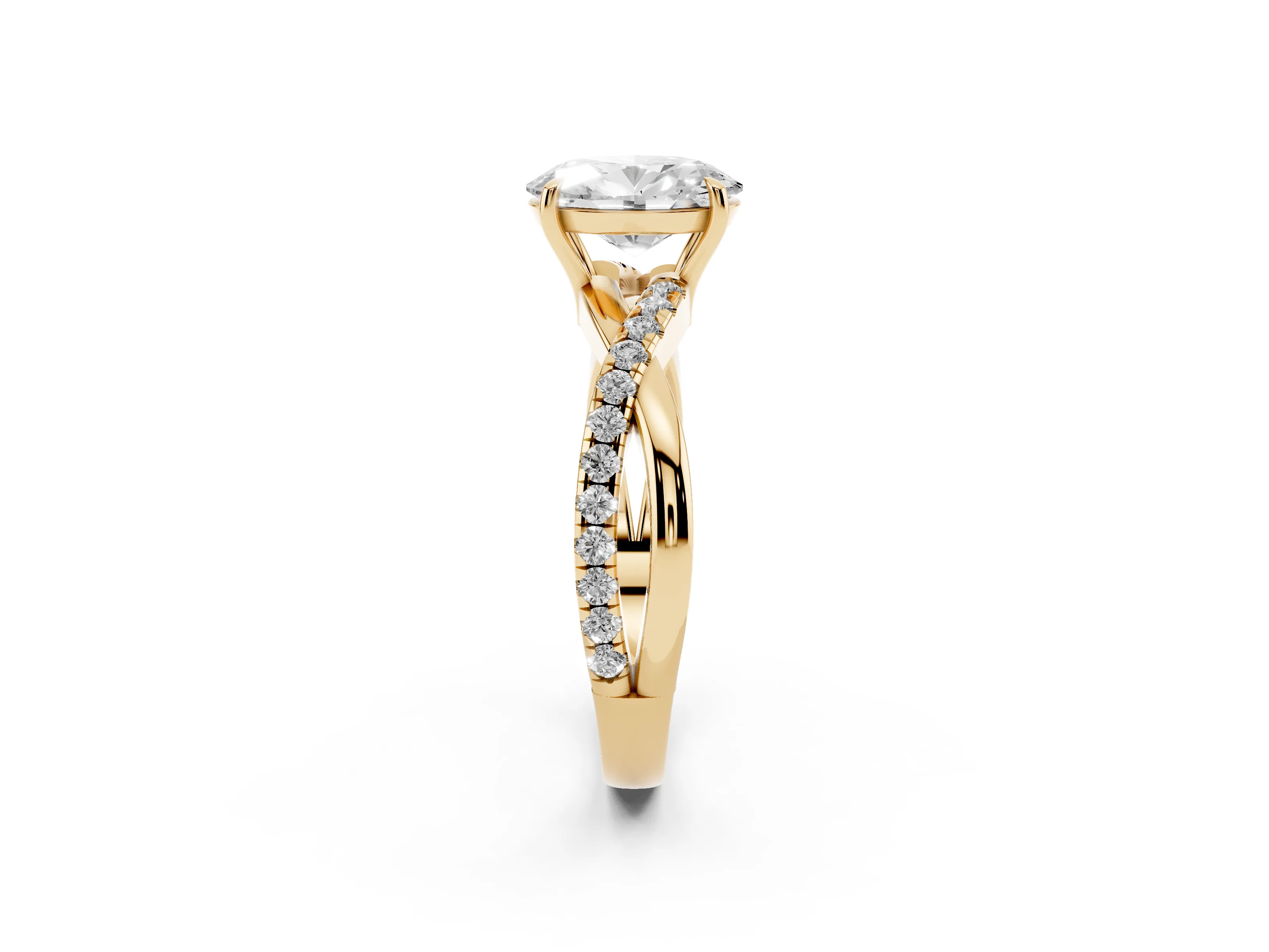 Oval Cut Diamond Twisted Pavé Band Ring Set in Yellow gold with Prong Setting